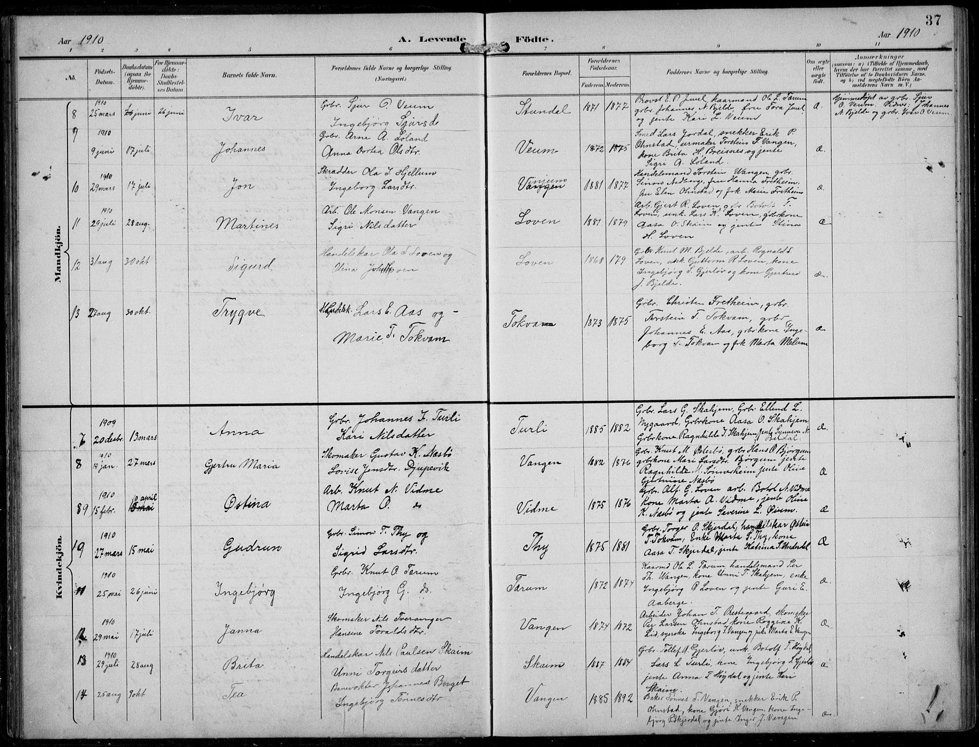 Aurland sokneprestembete, AV/SAB-A-99937/H/Hb/Hba/L0003: Parish register (copy) no. A 3, 1896-1939, p. 37