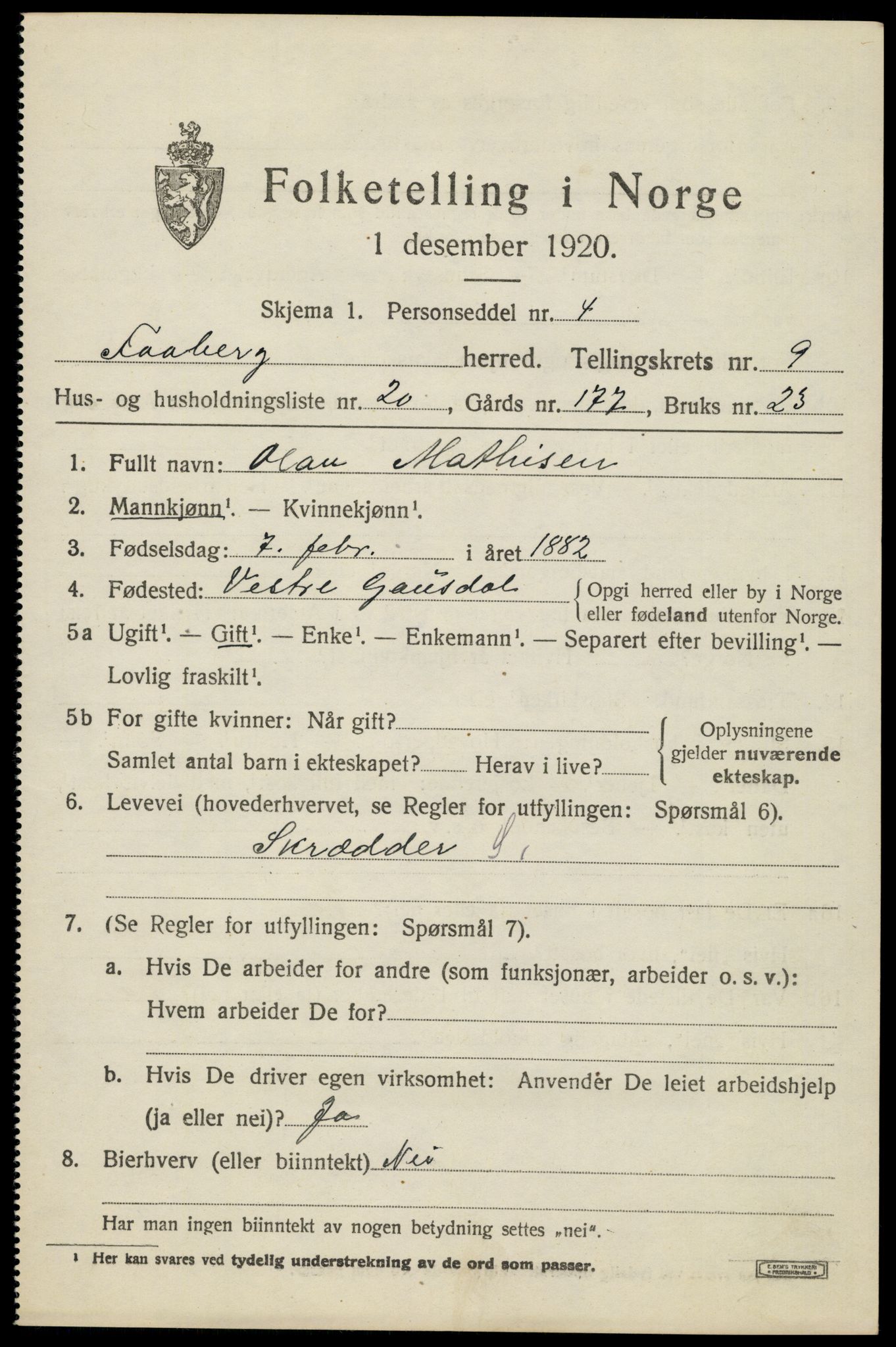 SAH, 1920 census for Fåberg, 1920, p. 10264