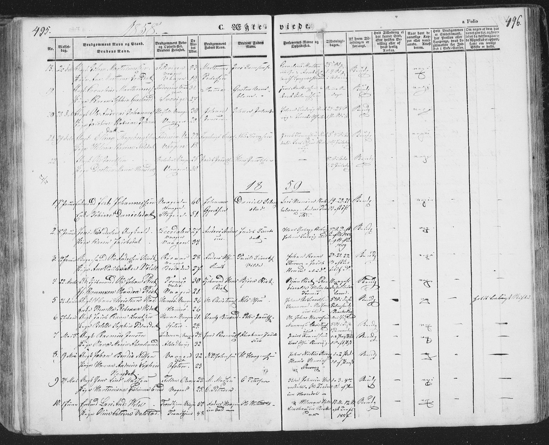 Ministerialprotokoller, klokkerbøker og fødselsregistre - Nordland, SAT/A-1459/874/L1072: Parish register (copy) no. 874C01, 1843-1859, p. 495-496