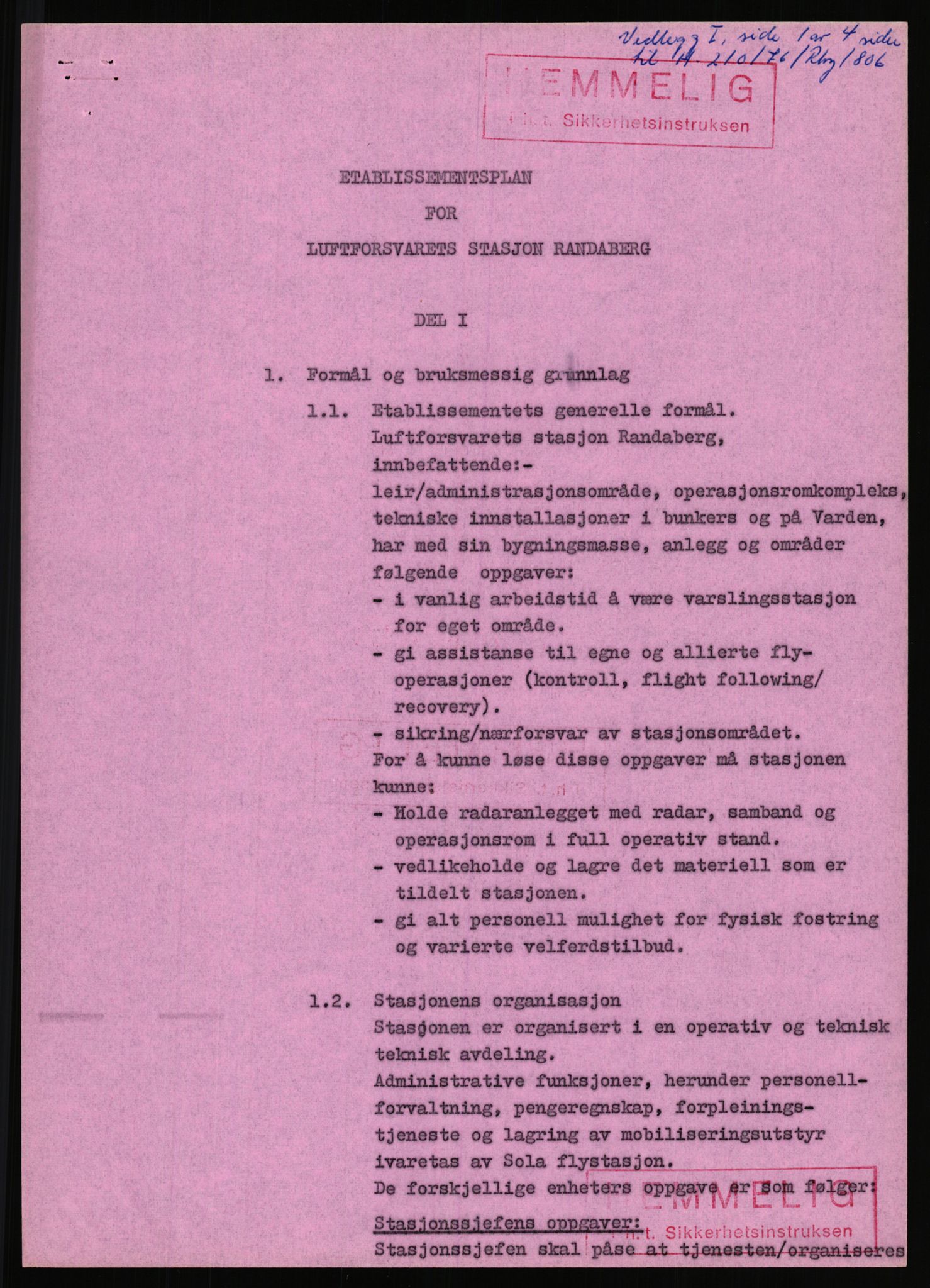 Forsvaret, Luftforsvarets stasjon Randaberg, AV/RA-RAFA-2928/D/Da/L0013/0002: -- / kl 806 Bygg og anlegg (gradert), 1954-1976