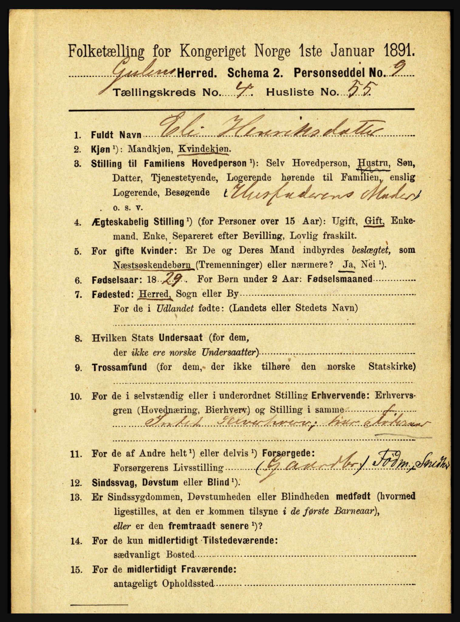 RA, 1891 census for 1411 Gulen, 1891, p. 1615