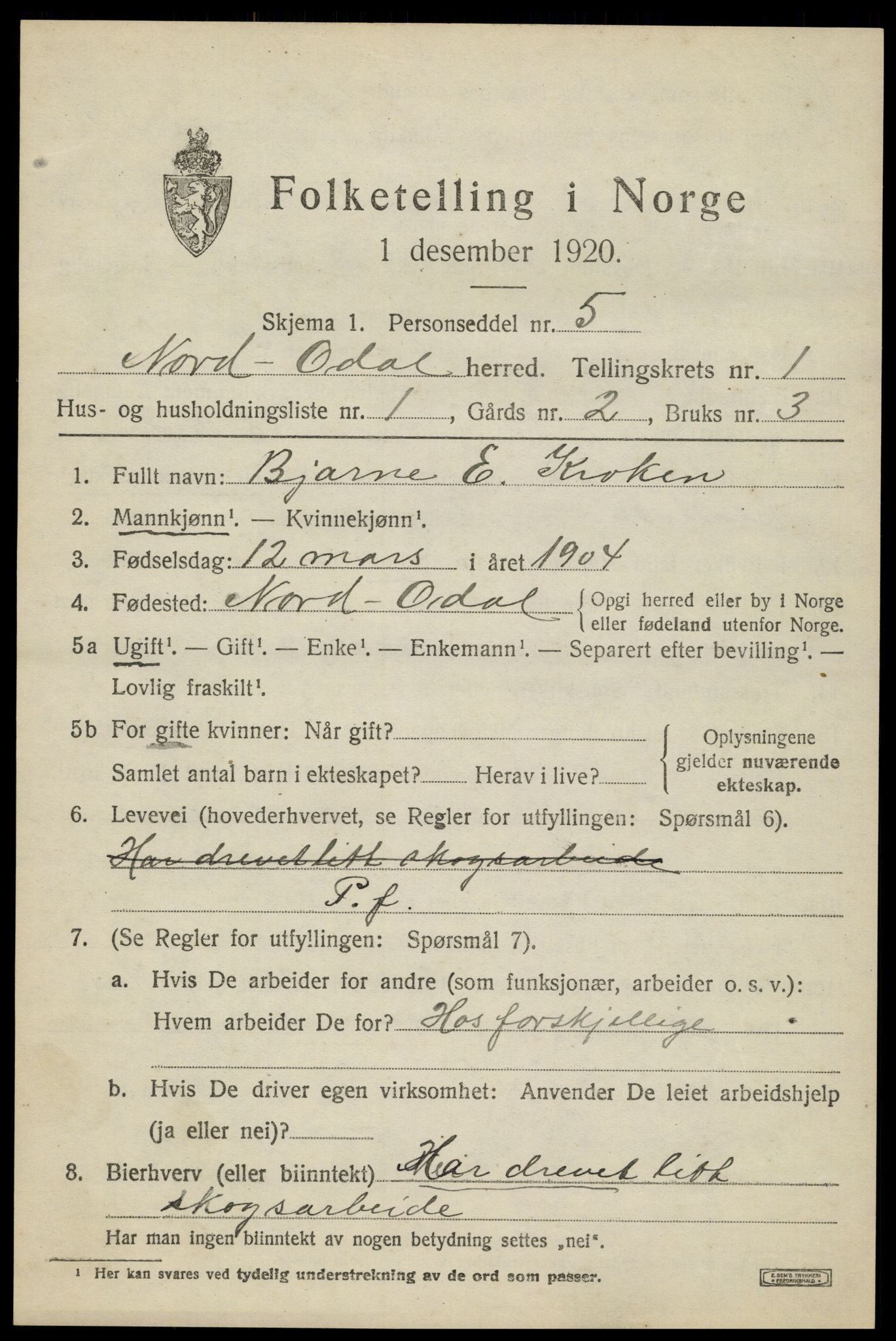 SAH, 1920 census for Nord-Odal, 1920, p. 1807