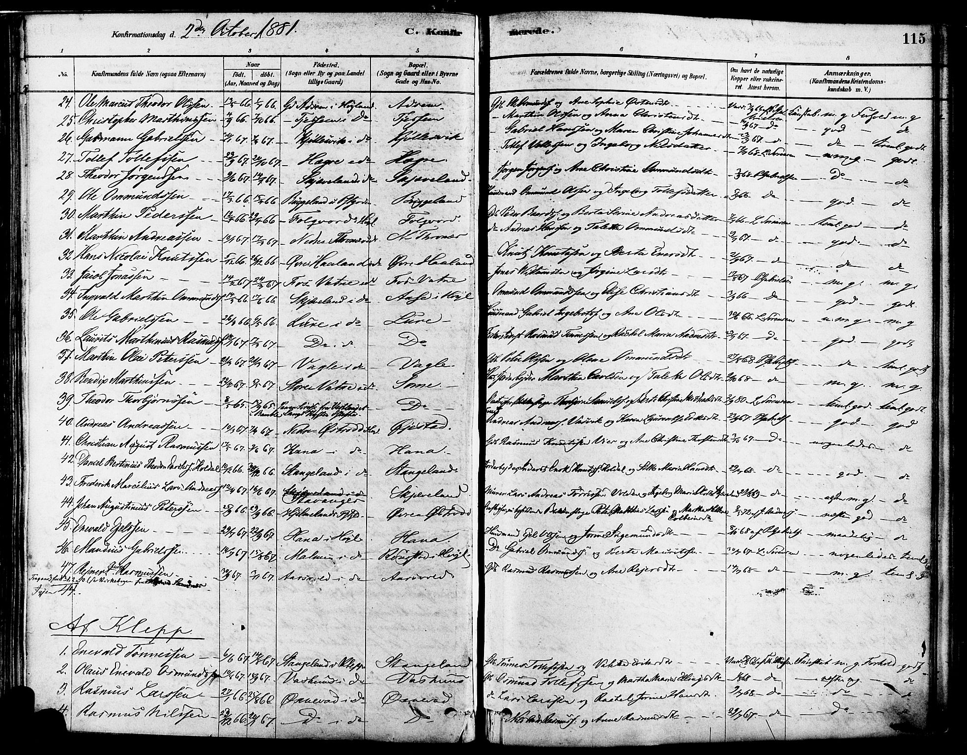 Høyland sokneprestkontor, AV/SAST-A-101799/001/30BA/L0011: Parish register (official) no. A 10, 1878-1888, p. 115