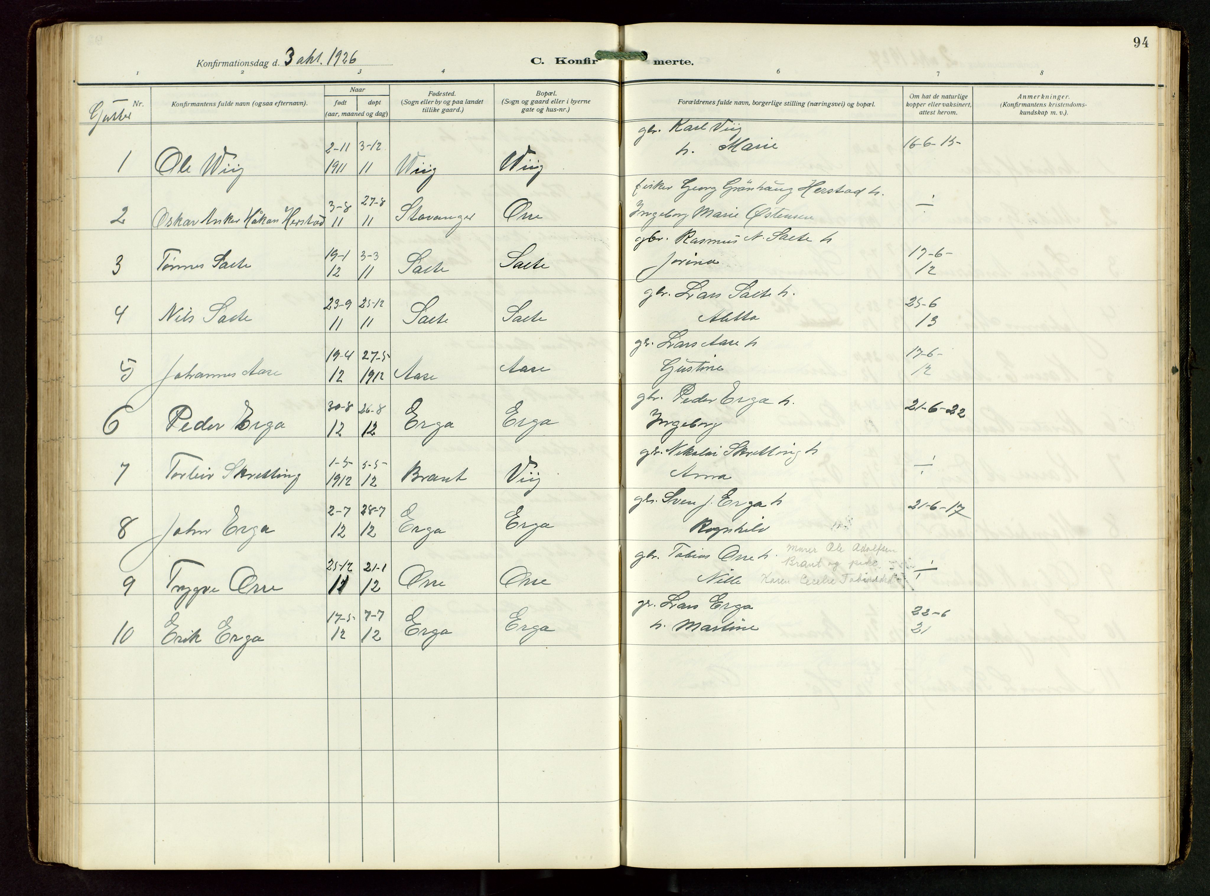 Klepp sokneprestkontor, SAST/A-101803/001/3/30BB/L0008: Parish register (copy) no. B 8, 1918-1949, p. 94