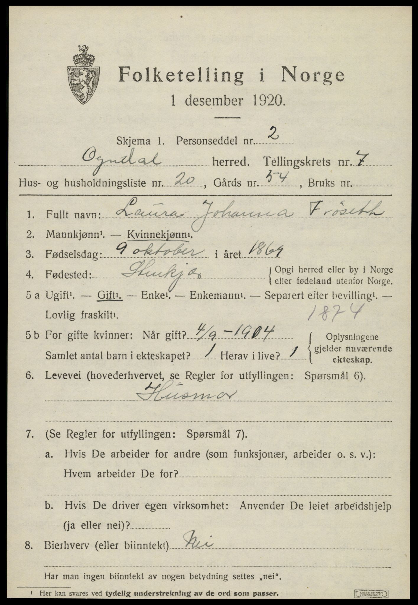 SAT, 1920 census for Ogndal, 1920, p. 2953