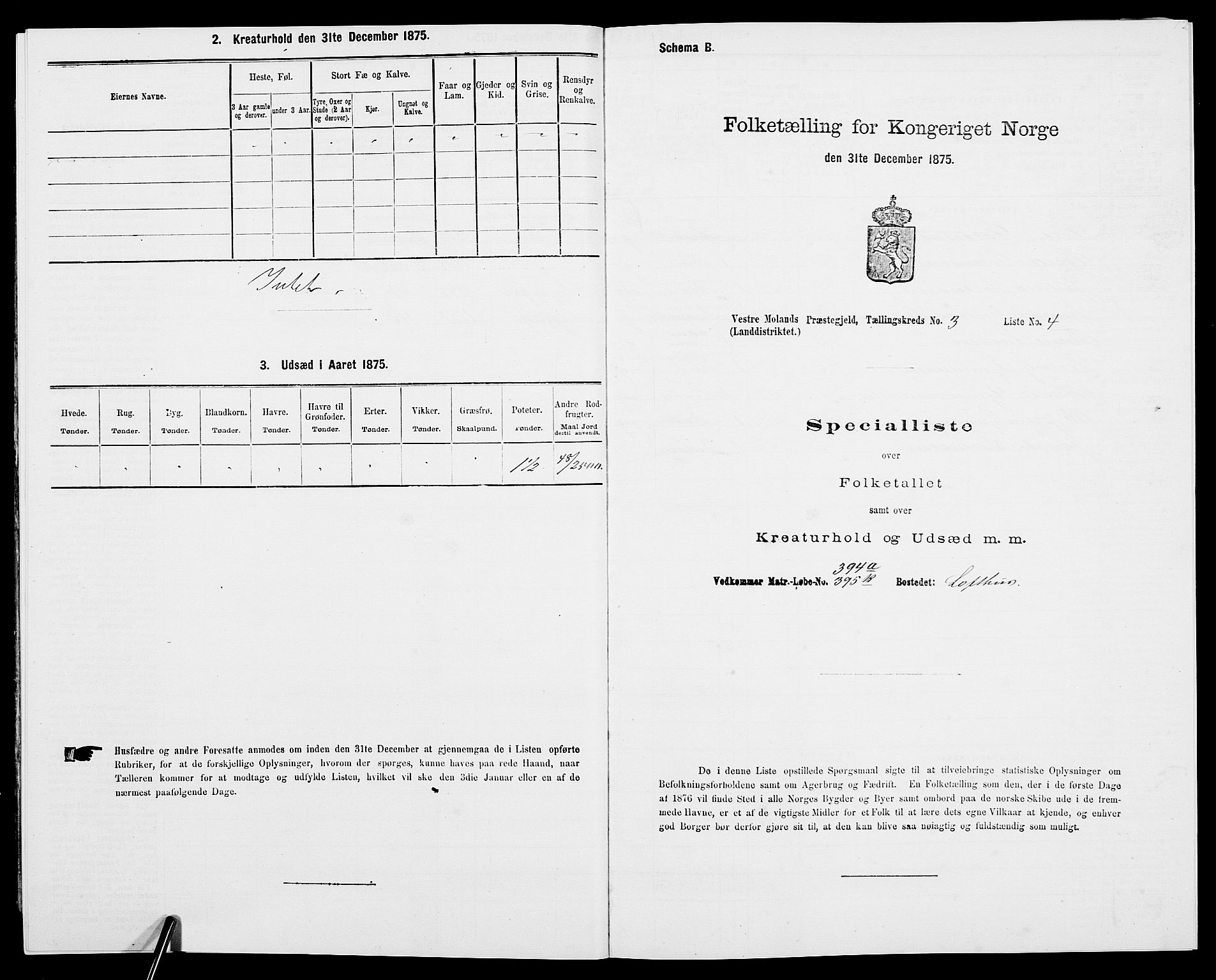 SAK, 1875 census for 0926L Vestre Moland/Vestre Moland, 1875, p. 398