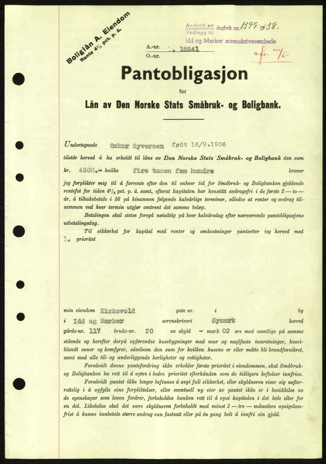 Idd og Marker sorenskriveri, AV/SAO-A-10283/G/Gb/Gbc/L0001: Mortgage book no. B1-3, 1936-1939, Diary no: : 1399/1938