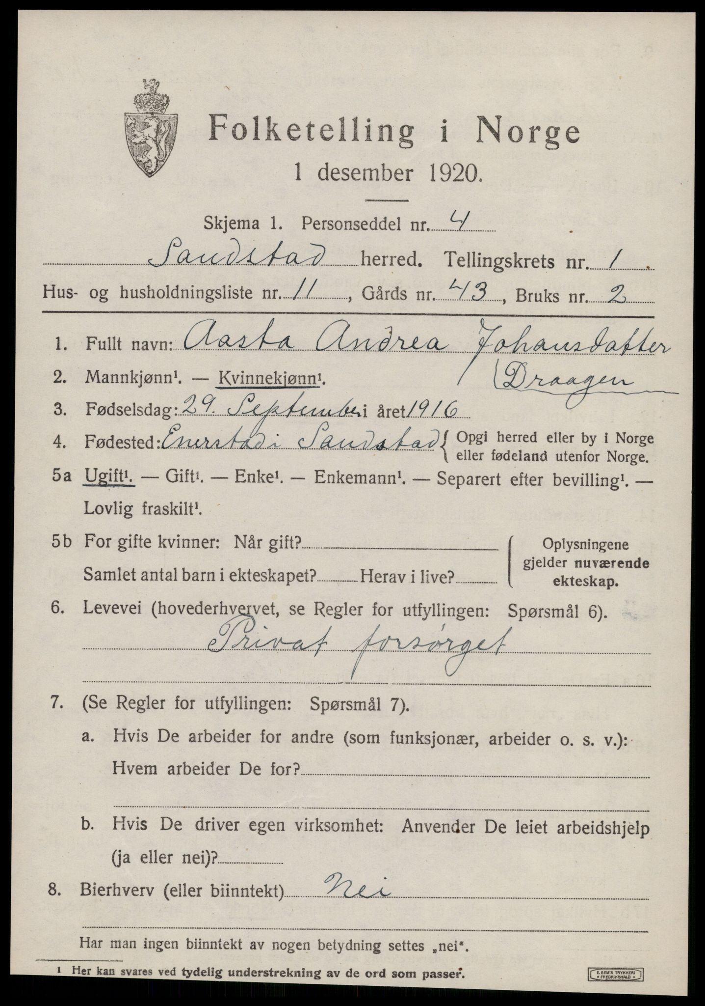 SAT, 1920 census for Sandstad, 1920, p. 521