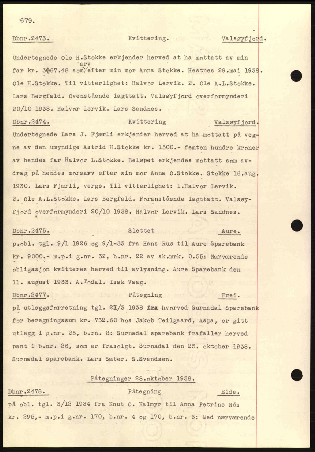 Nordmøre sorenskriveri, AV/SAT-A-4132/1/2/2Ca: Mortgage book no. C80, 1936-1939, Diary no: : 2473/1938