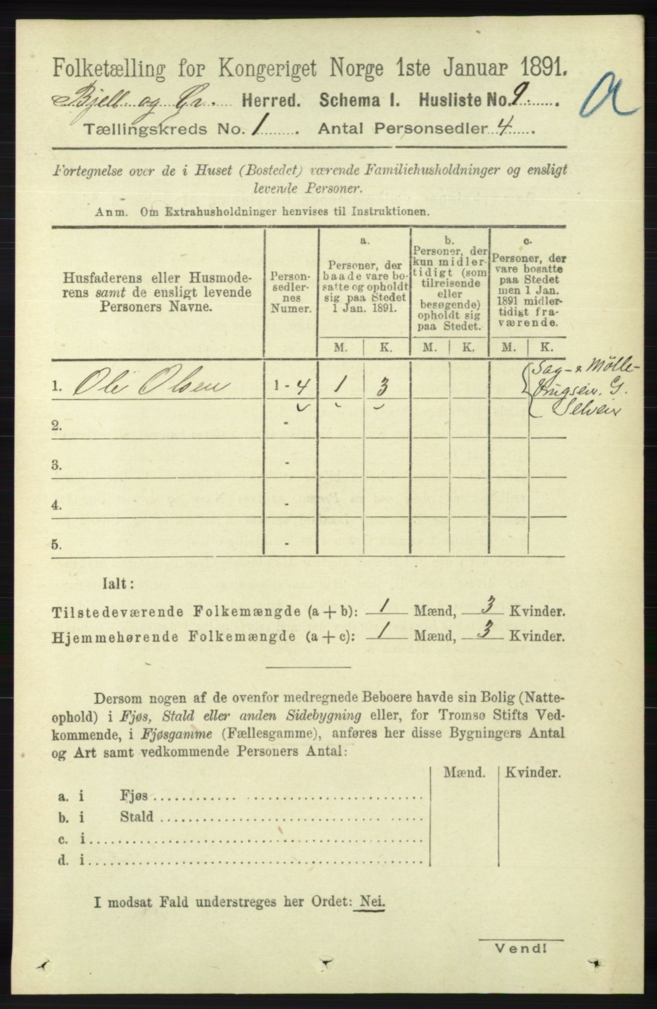 RA, 1891 census for 1024 Bjelland og Grindheim, 1891, p. 31