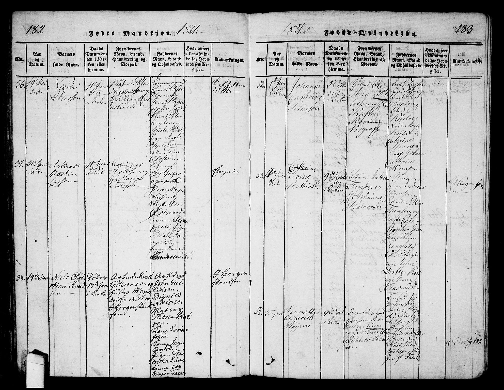 Halden prestekontor Kirkebøker, AV/SAO-A-10909/G/Ga/L0001: Parish register (copy) no. 1, 1815-1833, p. 182-183