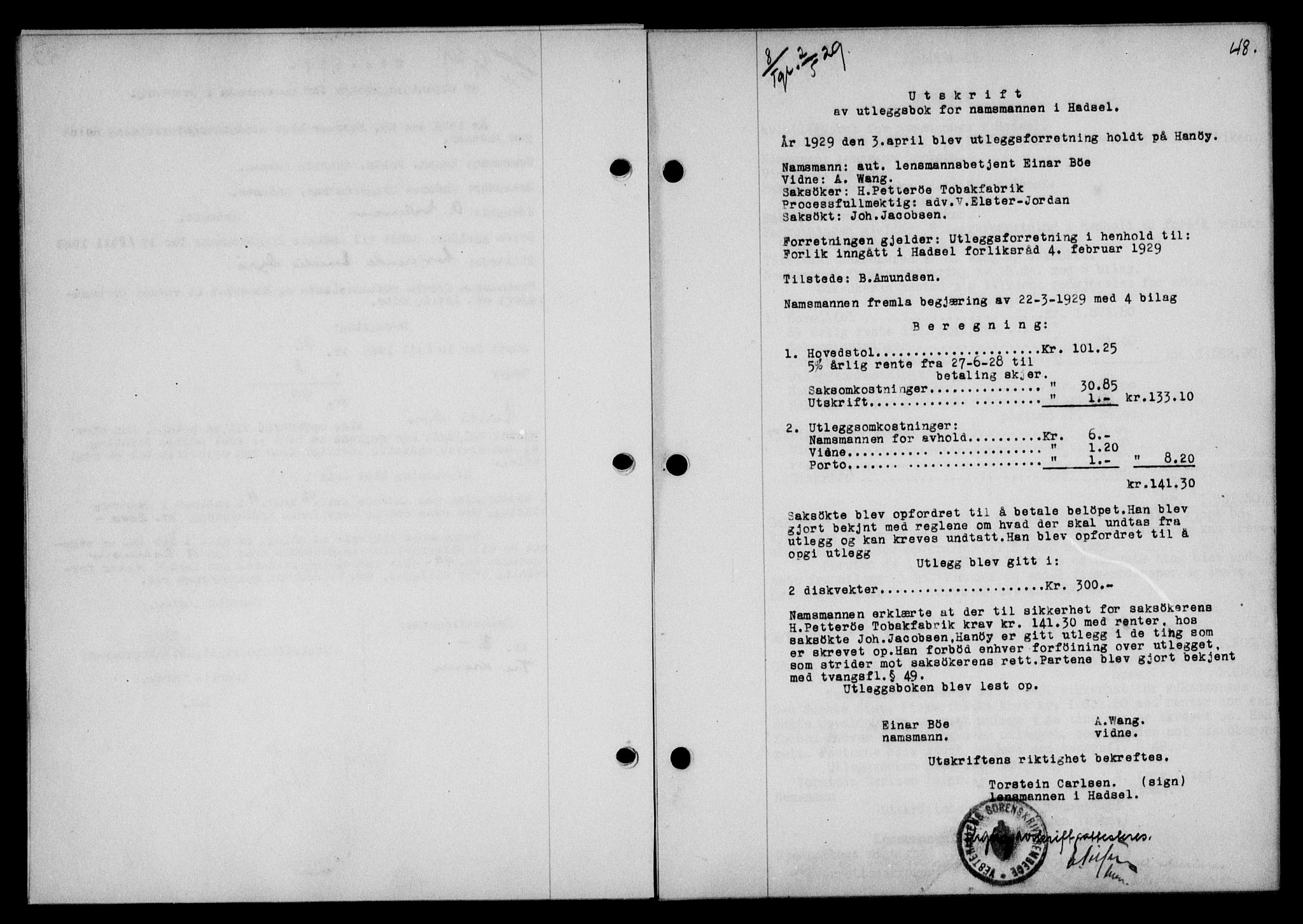 Vesterålen sorenskriveri, SAT/A-4180/1/2/2Ca/L0049: Mortgage book no. 42, 1929-1929, Deed date: 02.05.1929