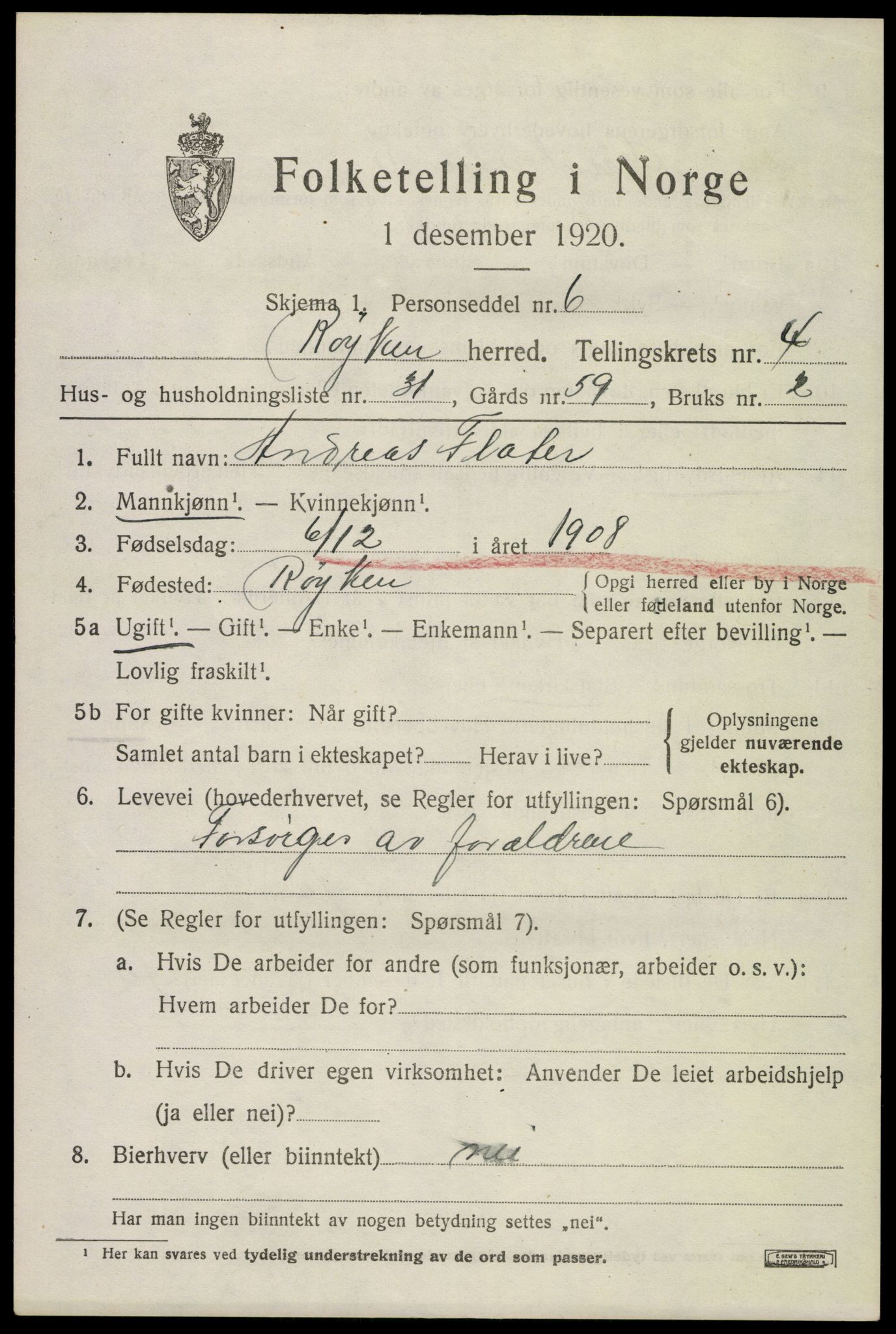 SAKO, 1920 census for Røyken, 1920, p. 5922