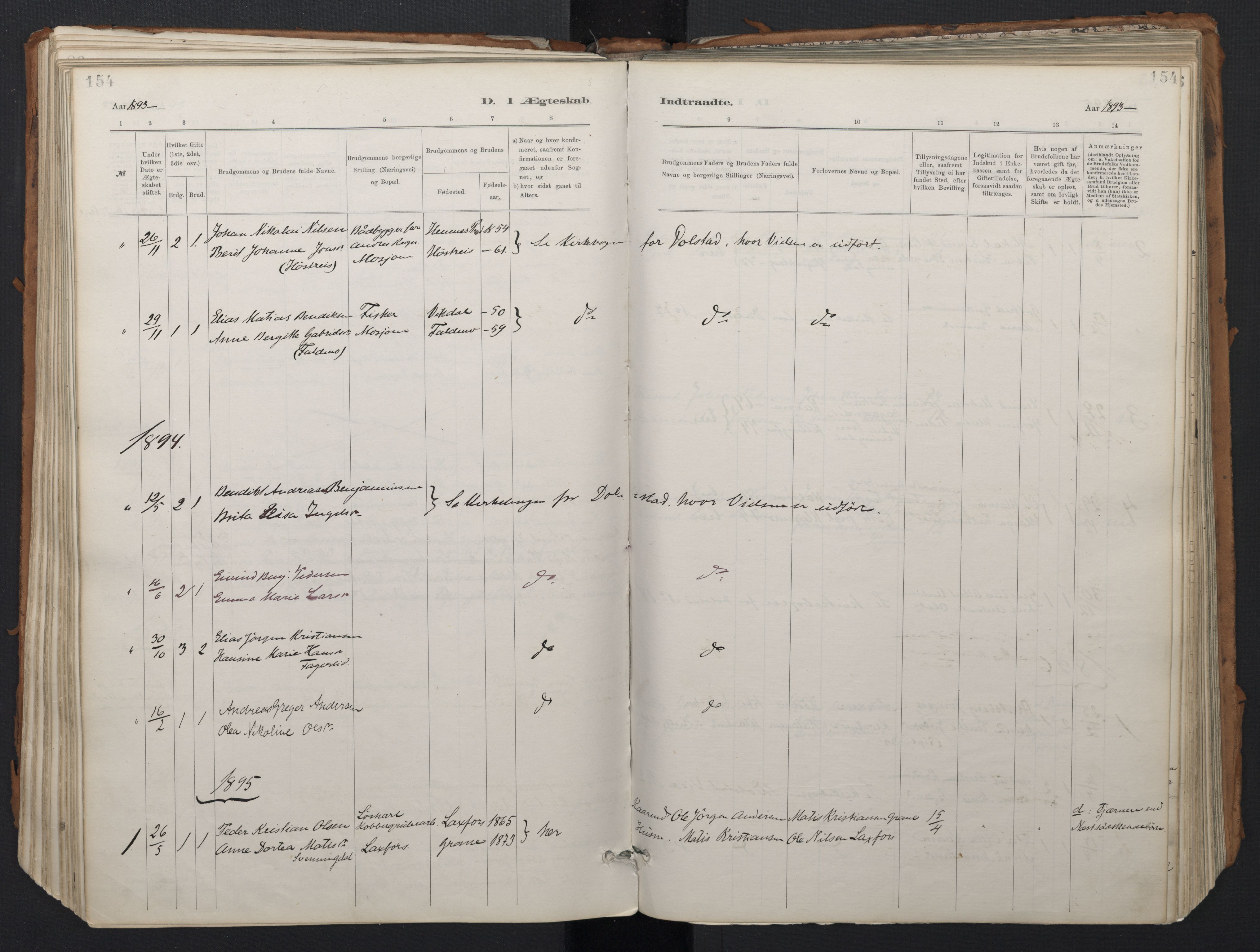 Ministerialprotokoller, klokkerbøker og fødselsregistre - Nordland, SAT/A-1459/824/L0338: Parish register (official) no. 824A01, 1880-1915, p. 154