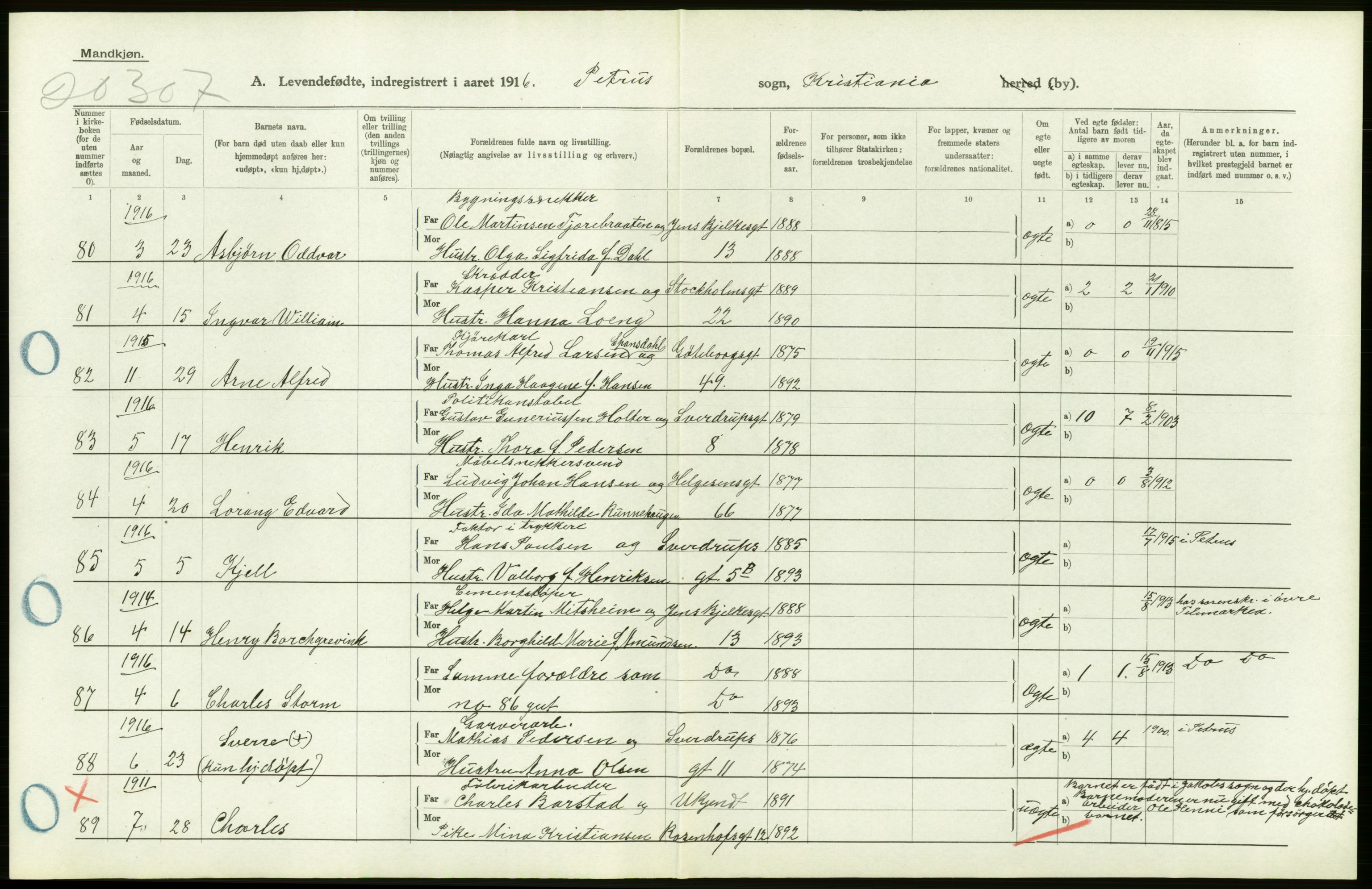 Statistisk sentralbyrå, Sosiodemografiske emner, Befolkning, AV/RA-S-2228/D/Df/Dfb/Dfbf/L0006: Kristiania: Levendefødte menn og kvinner., 1916, p. 566