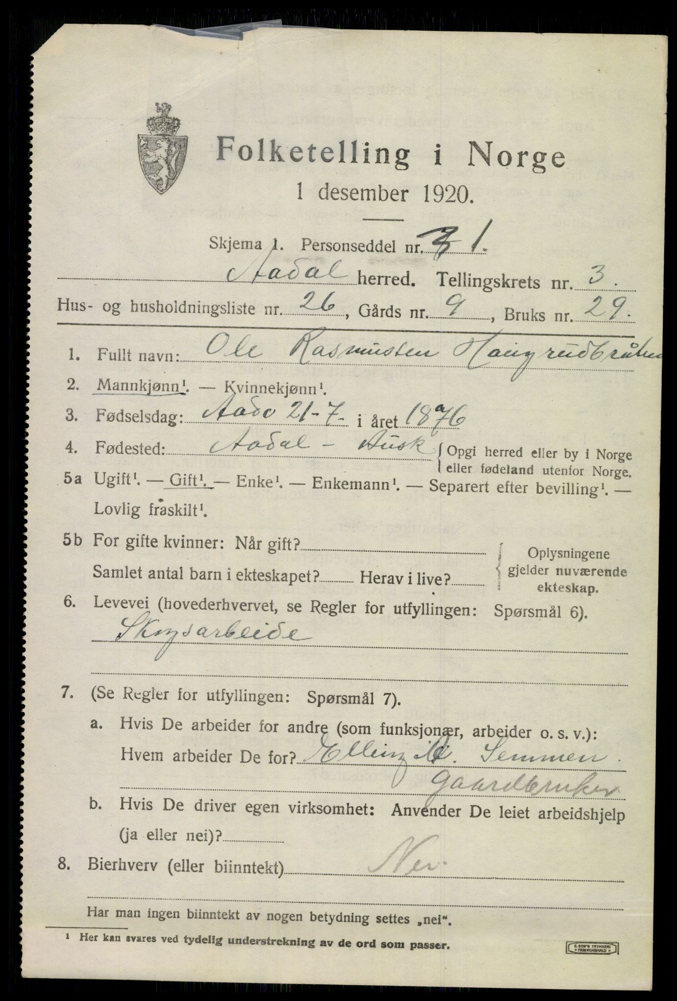 SAKO, 1920 census for Ådal, 1920, p. 3242