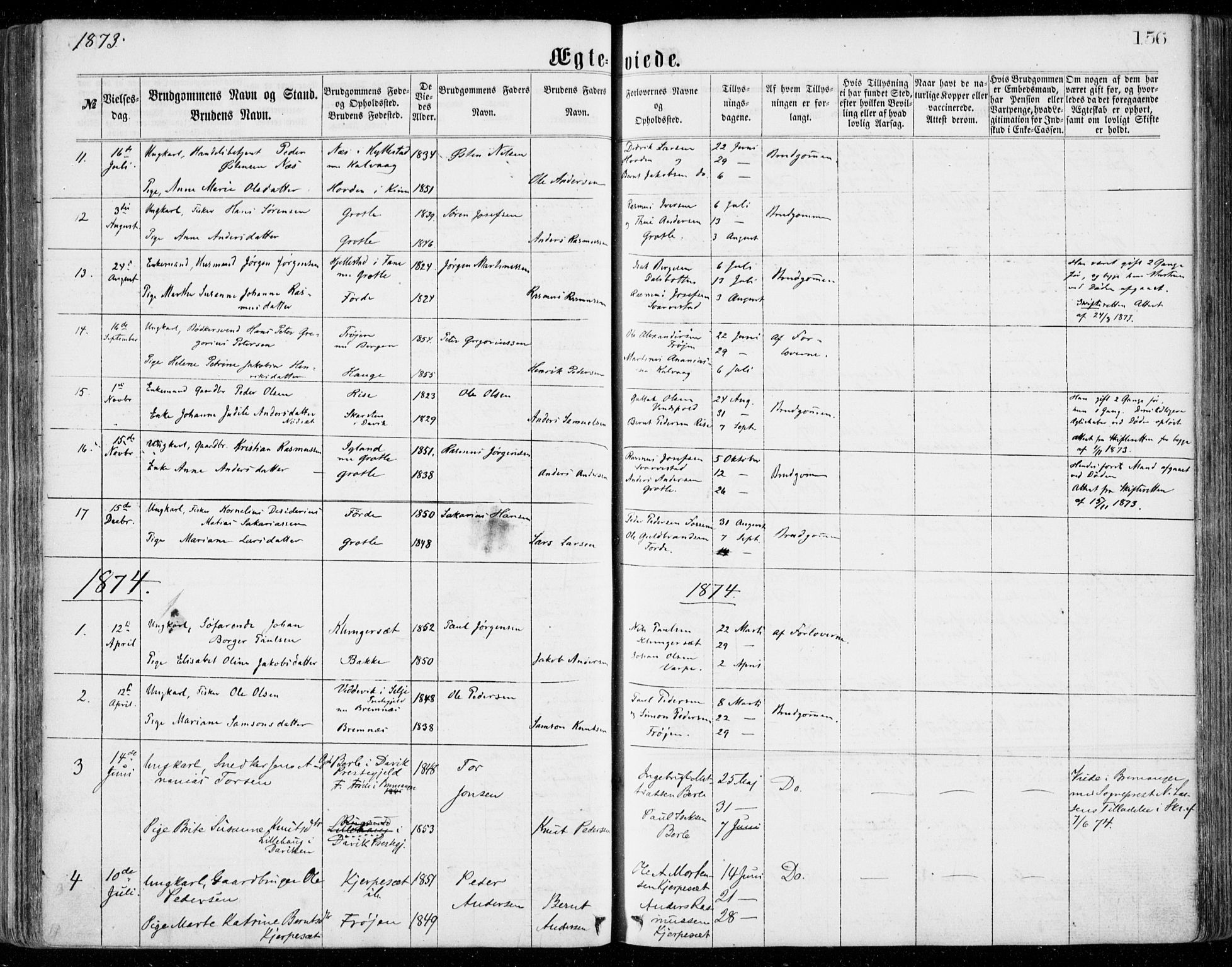Bremanger sokneprestembete, SAB/A-82201/H/Haa/Haaa/L0001: Parish register (official) no. A  1, 1864-1883, p. 156