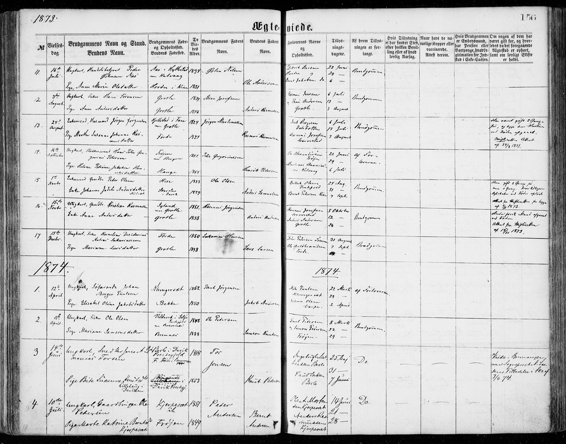 Bremanger sokneprestembete, AV/SAB-A-82201/H/Haa/Haaa/L0001: Parish register (official) no. A  1, 1864-1883, p. 156