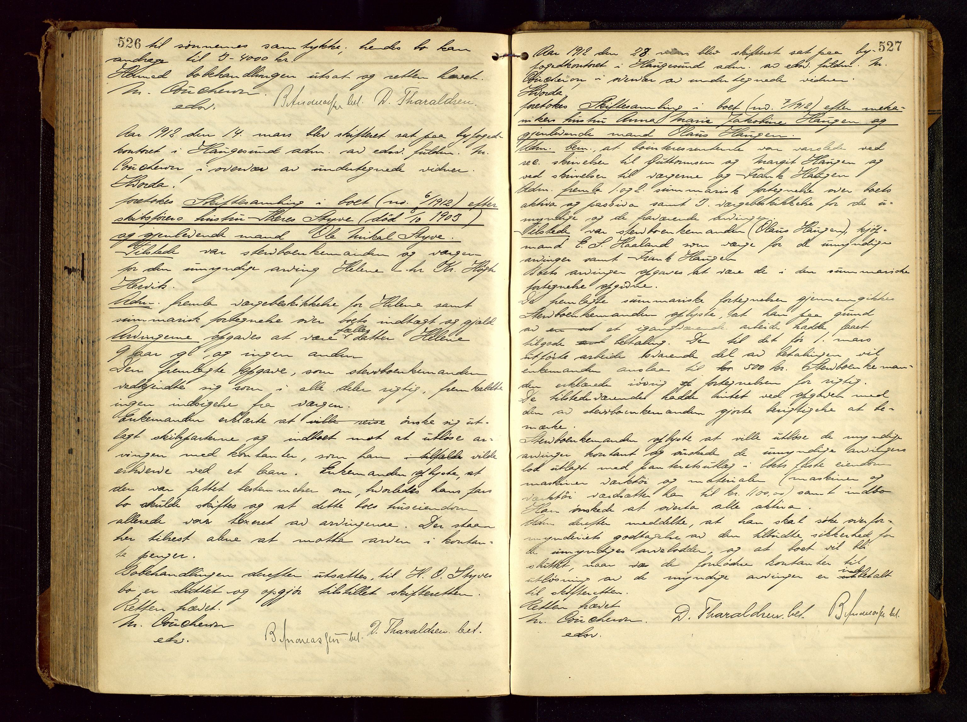 Haugesund tingrett, AV/SAST-A-101415/01/IV/IVC/L0001: Skifteforhandlingsprotokoll, med register, 1900-1912, p. 526-527