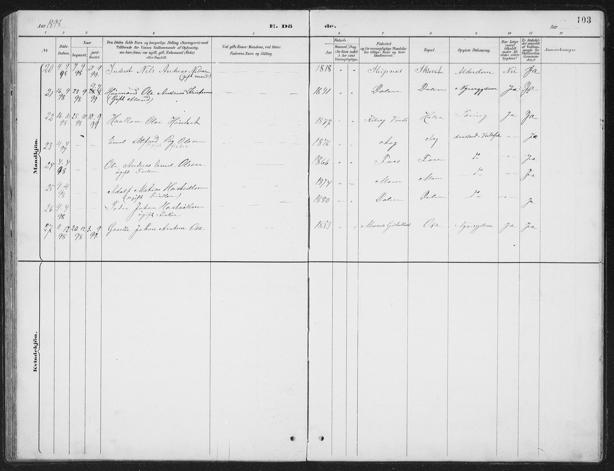 Ministerialprotokoller, klokkerbøker og fødselsregistre - Nordland, AV/SAT-A-1459/843/L0638: Parish register (copy) no. 843C07, 1888-1907, p. 103