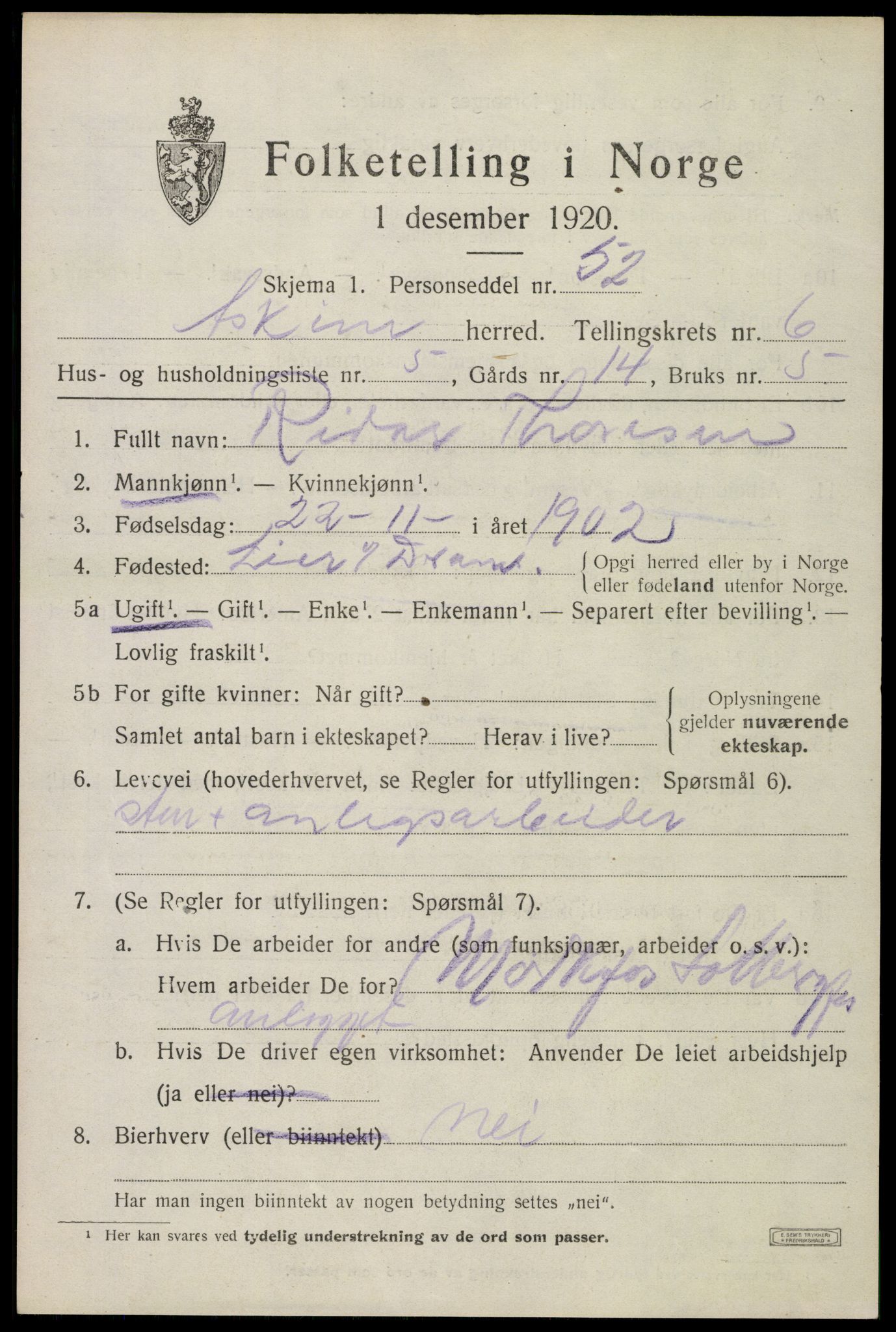 SAO, 1920 census for Askim, 1920, p. 11385