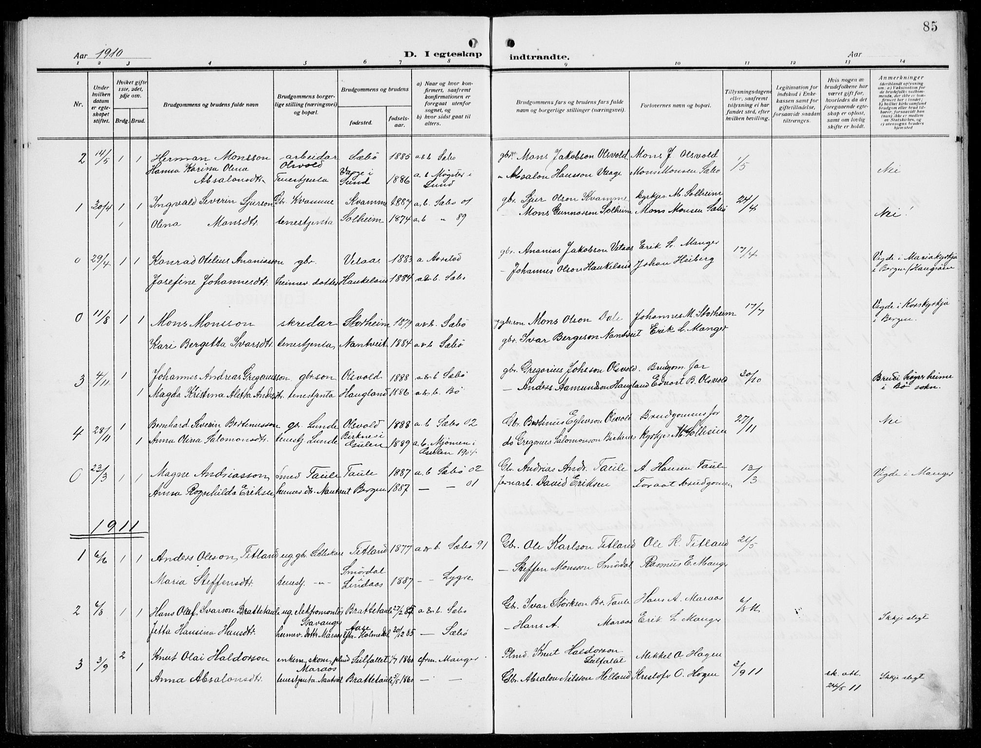 Manger sokneprestembete, AV/SAB-A-76801/H/Hab: Parish register (copy) no. D  4, 1910-1935, p. 85