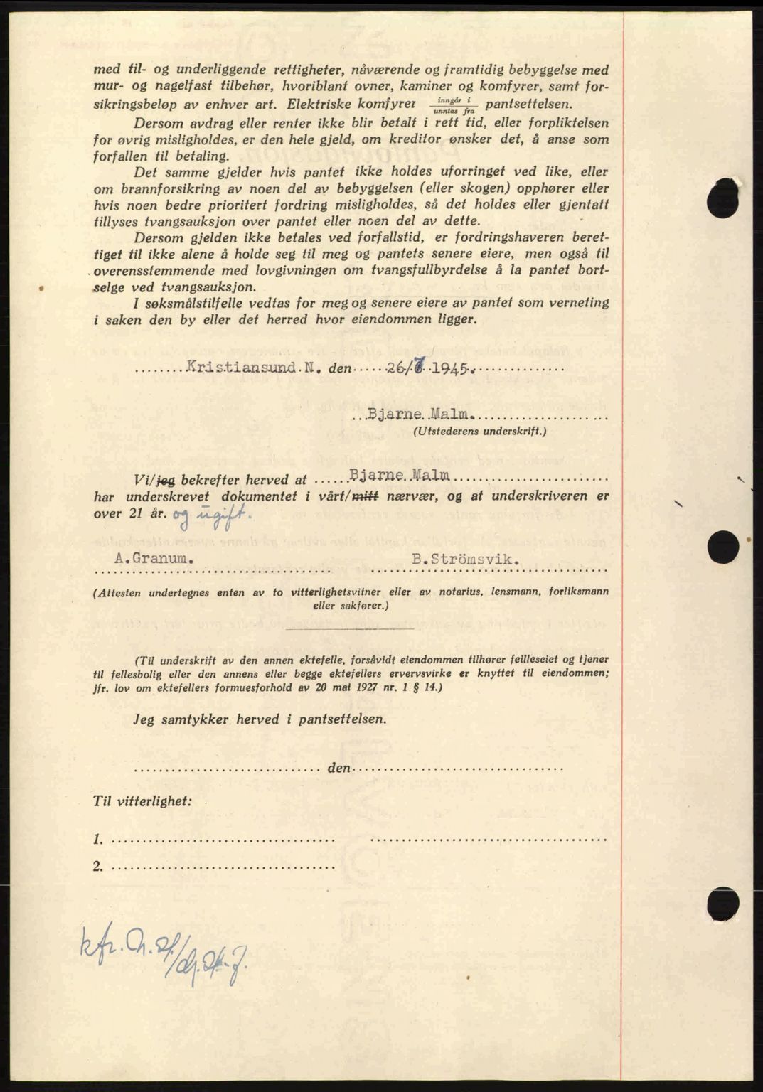 Nordmøre sorenskriveri, AV/SAT-A-4132/1/2/2Ca: Mortgage book no. B92, 1944-1945, Diary no: : 989/1945