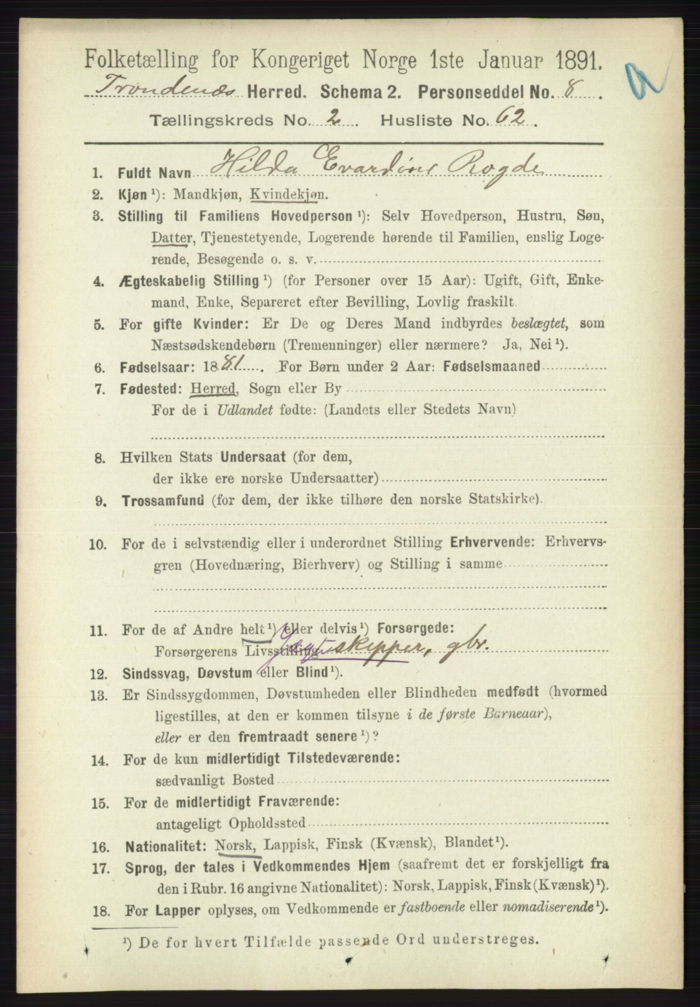 RA, 1891 census for 1914 Trondenes, 1891, p. 1050