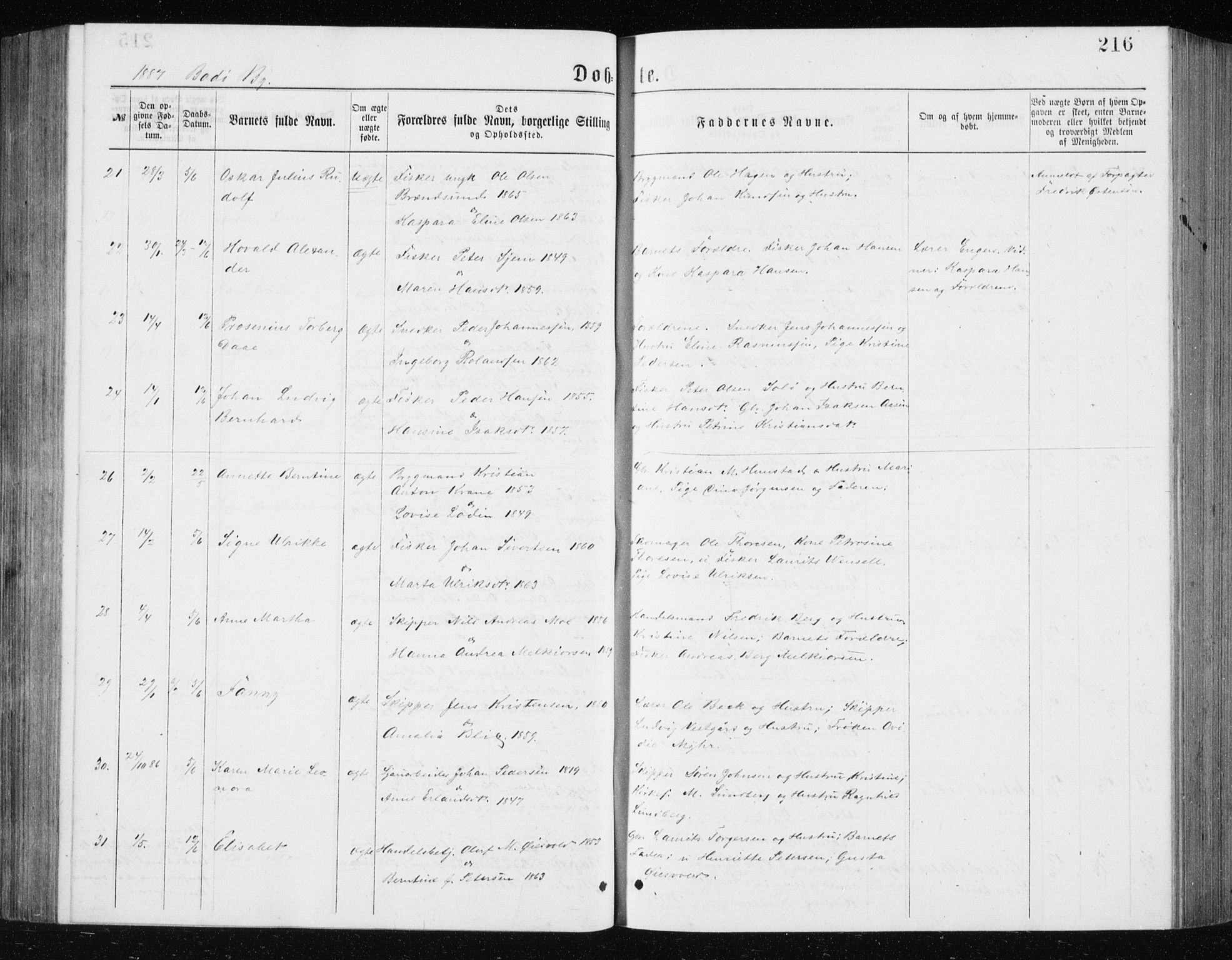 Ministerialprotokoller, klokkerbøker og fødselsregistre - Nordland, AV/SAT-A-1459/801/L0031: Parish register (copy) no. 801C06, 1883-1887, p. 216