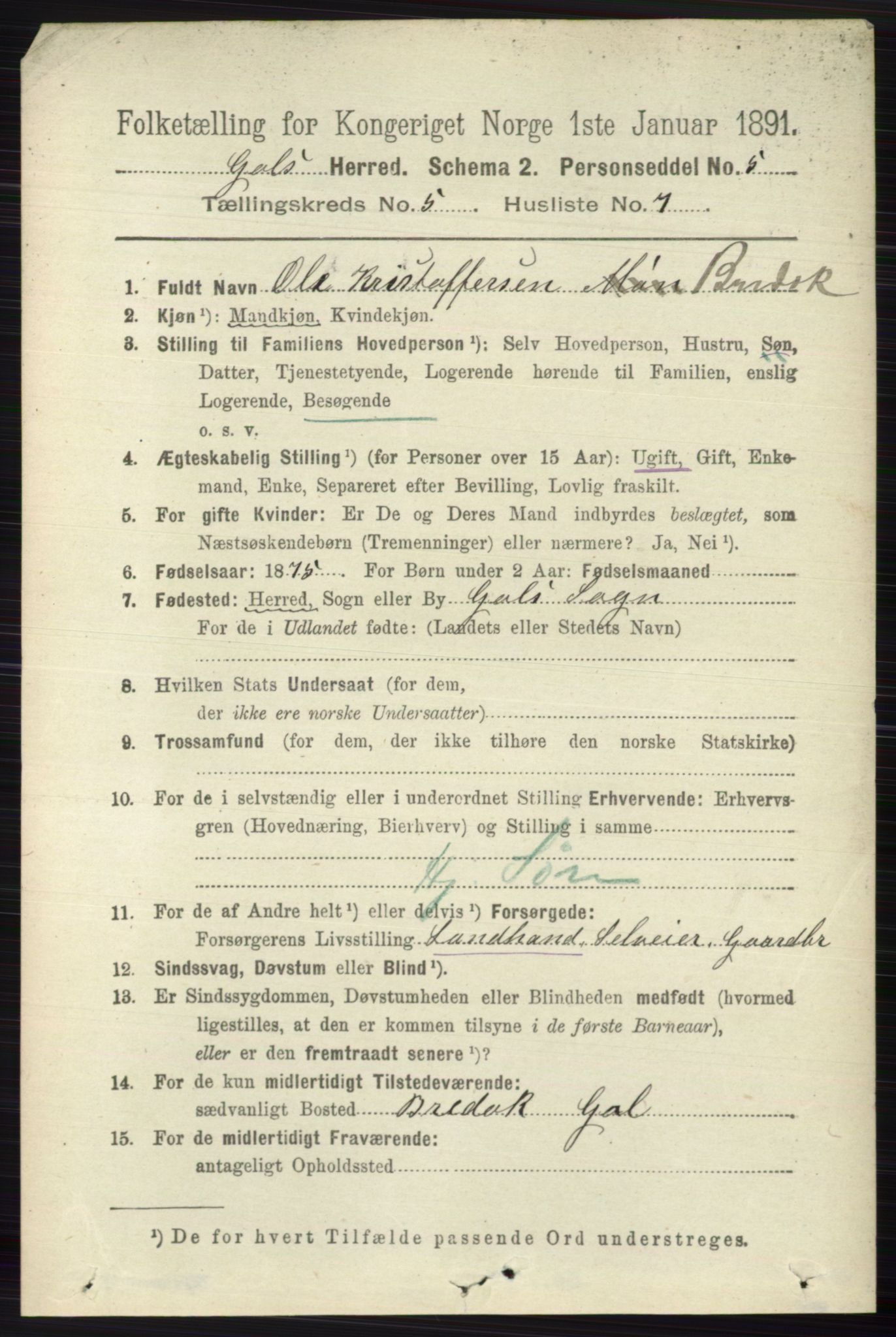 RA, 1891 census for 0617 Gol og Hemsedal, 1891, p. 2346