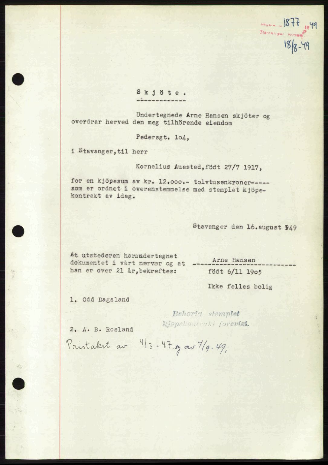 Stavanger byrett, SAST/A-100455/002/G/Gb/L0023: Mortgage book no. A12, 1948-1949, Diary no: : 1877/1949