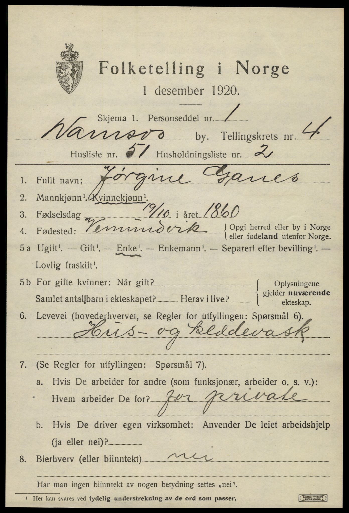 SAT, 1920 census for Namsos, 1920, p. 5641