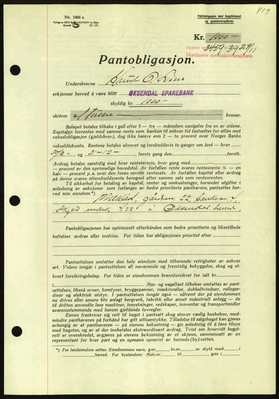 Nordmøre sorenskriveri, AV/SAT-A-4132/1/2/2Ca: Mortgage book no. B86, 1939-1940, Diary no: : 3459/1939