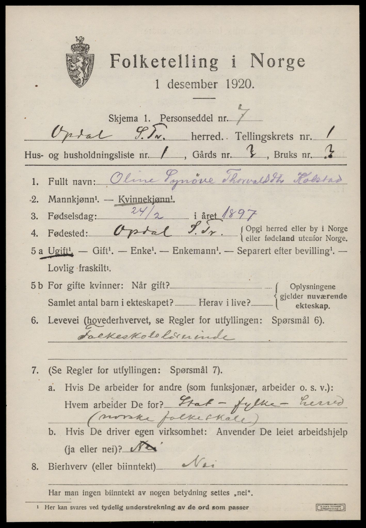 SAT, 1920 census for Oppdal, 1920, p. 1583