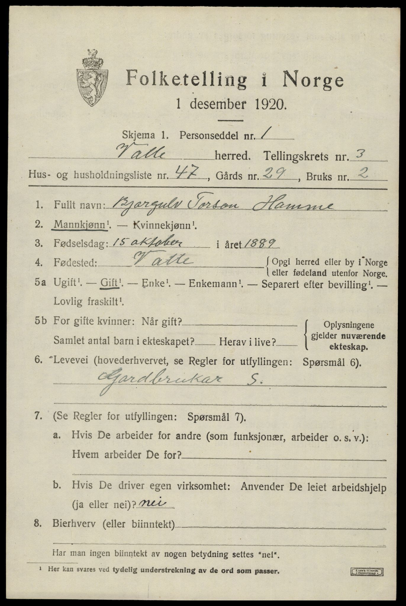 SAK, 1920 census for Valle, 1920, p. 1987
