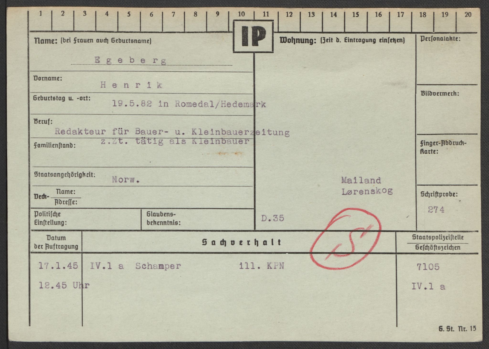 Befehlshaber der Sicherheitspolizei und des SD, AV/RA-RAFA-5969/E/Ea/Eaa/L0002: Register over norske fanger i Møllergata 19: Bj-Eng, 1940-1945, p. 1195