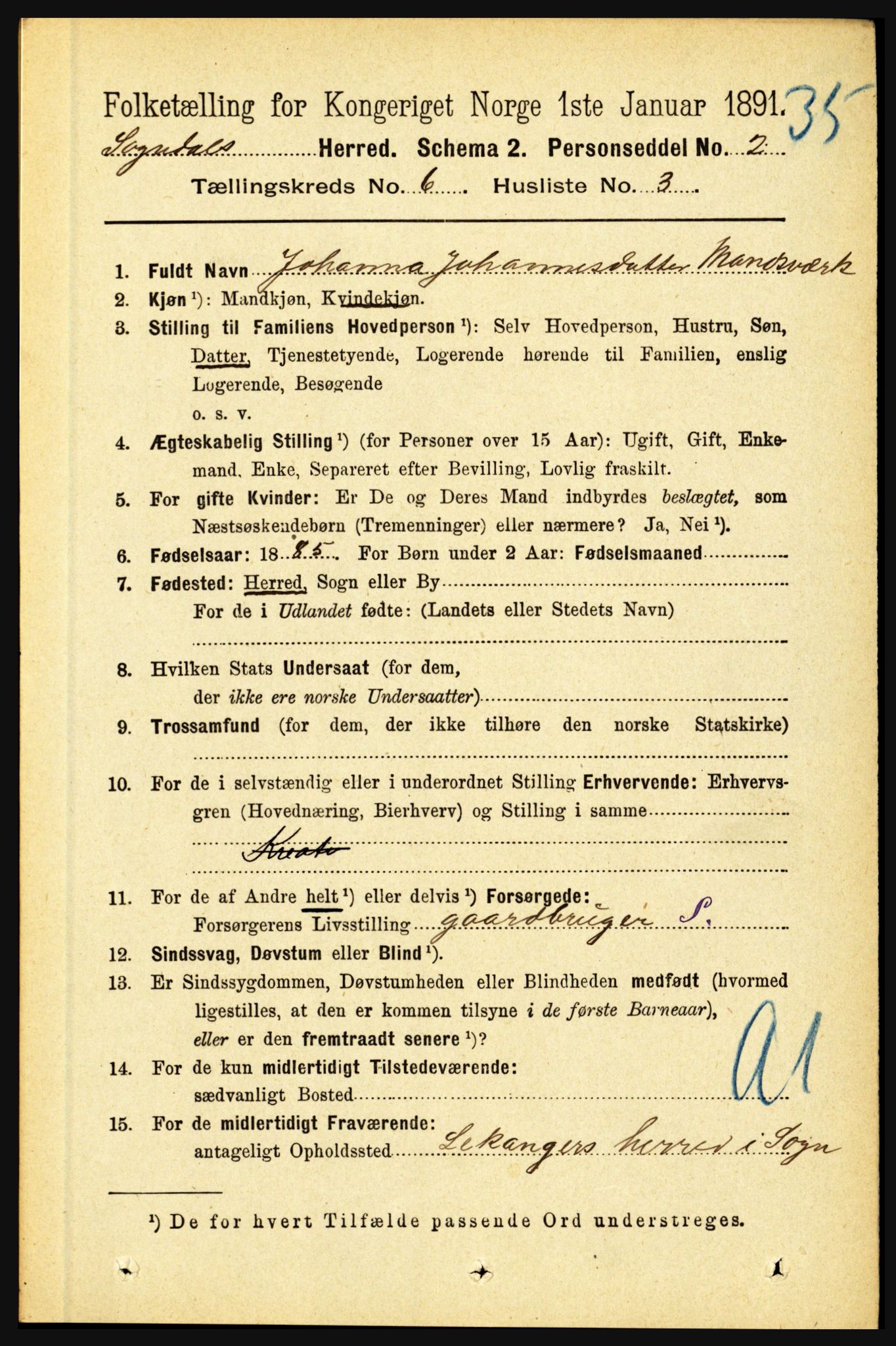 RA, 1891 census for 1420 Sogndal, 1891, p. 2611