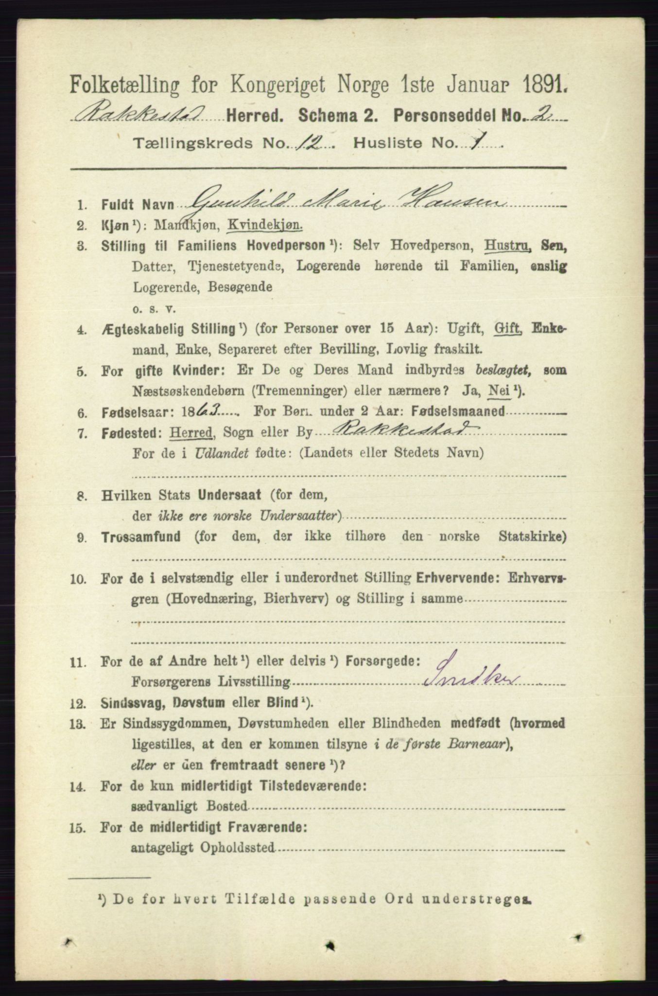 RA, 1891 census for 0128 Rakkestad, 1891, p. 5695