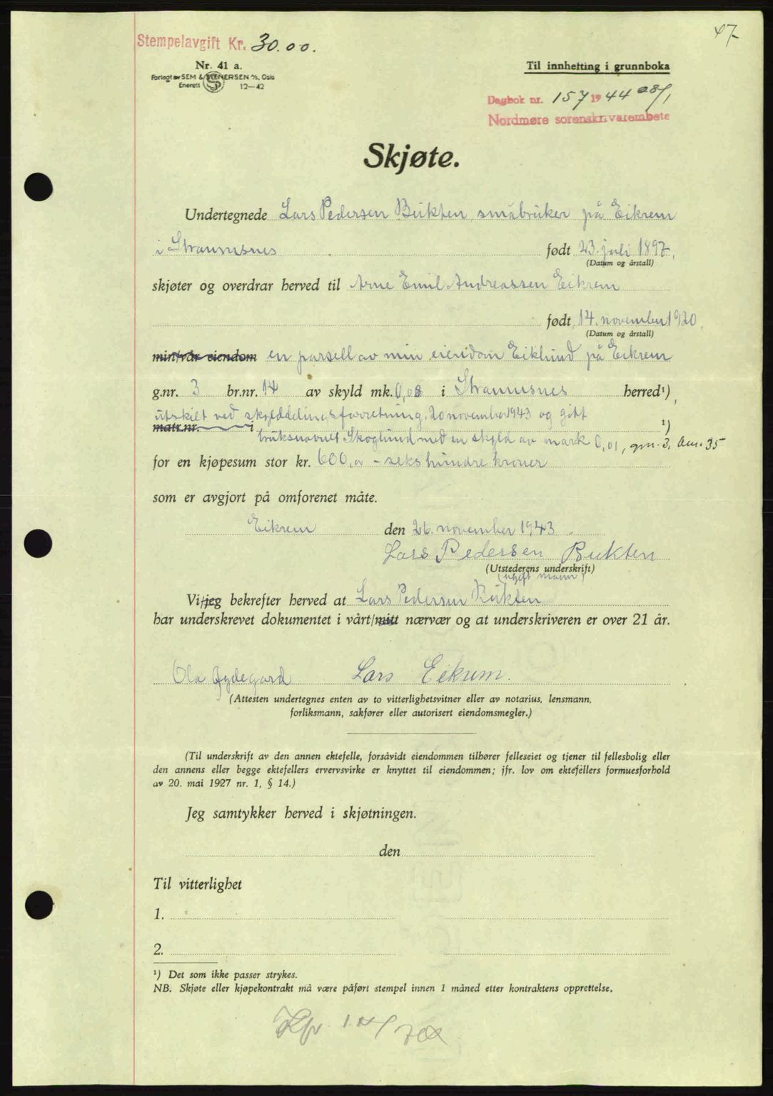 Nordmøre sorenskriveri, AV/SAT-A-4132/1/2/2Ca: Mortgage book no. A97, 1944-1944, Diary no: : 157/1944