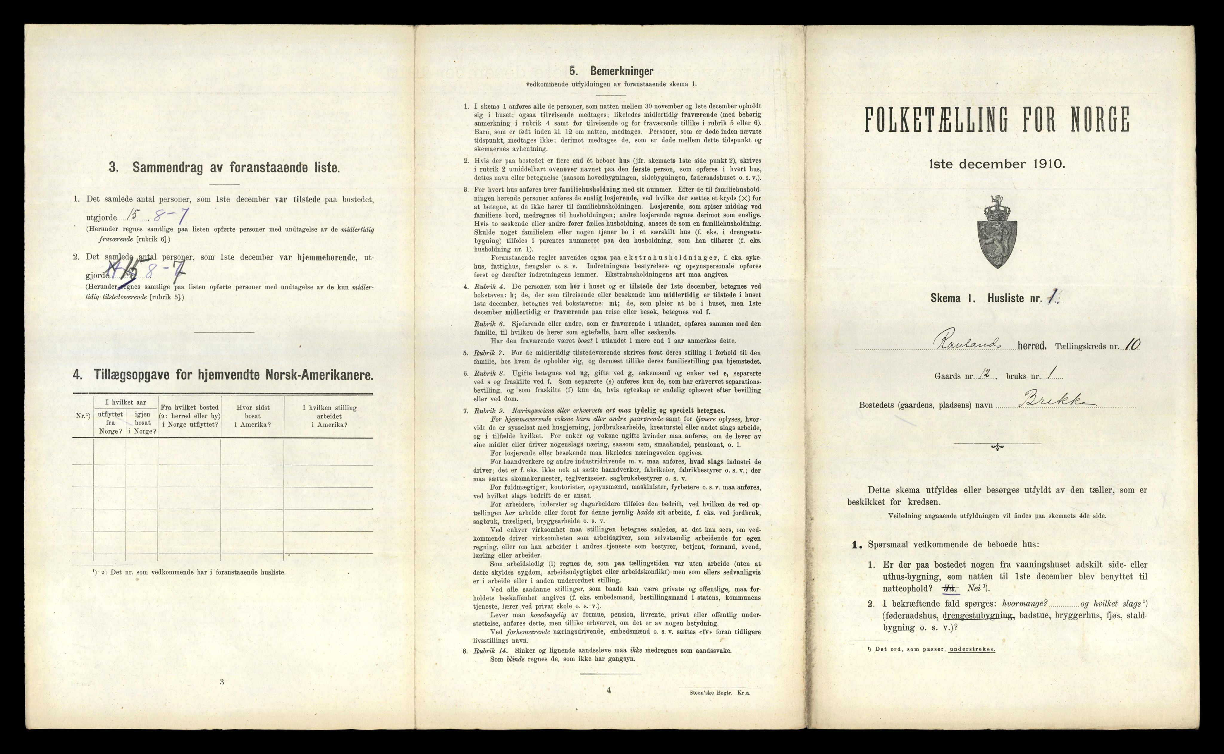 RA, 1910 census for Rauland, 1910, p. 337