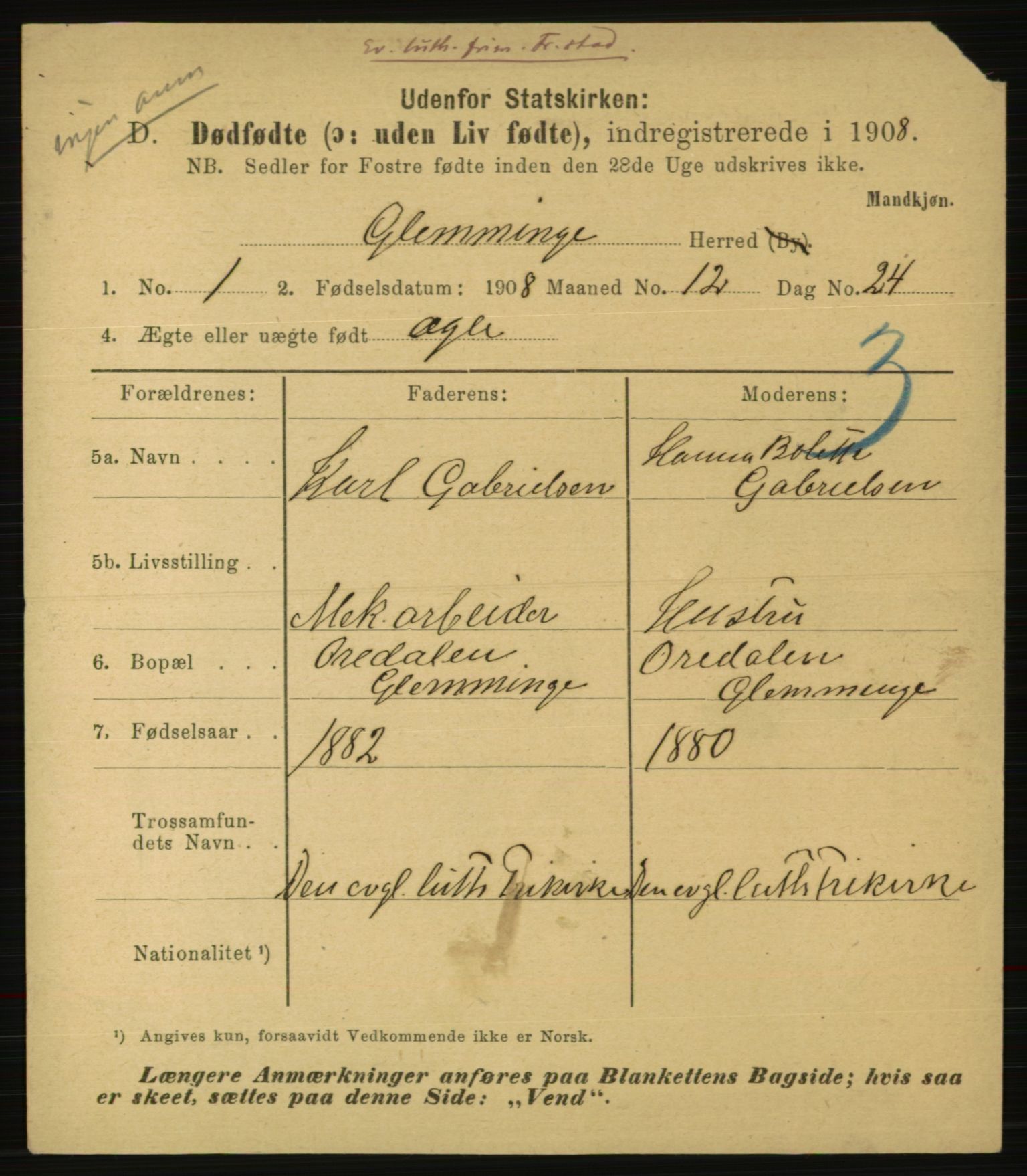 Statistisk sentralbyrå, Sosiodemografiske emner, Befolkning, AV/RA-S-2228/E/L0006: Fødte, gifte, døde dissentere., 1908, p. 3181