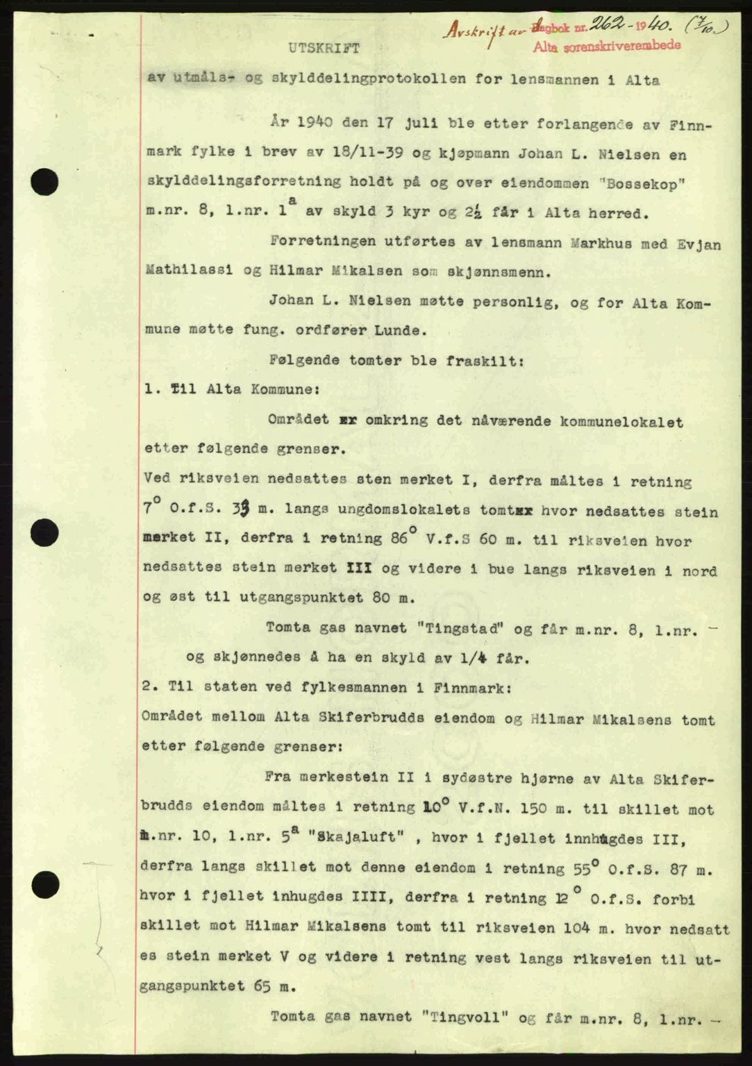 Alta fogderi/sorenskriveri, SATØ/SATØ-5/1/K/Kd/L0033pantebok: Mortgage book no. 33, 1940-1943, Diary no: : 262/1940