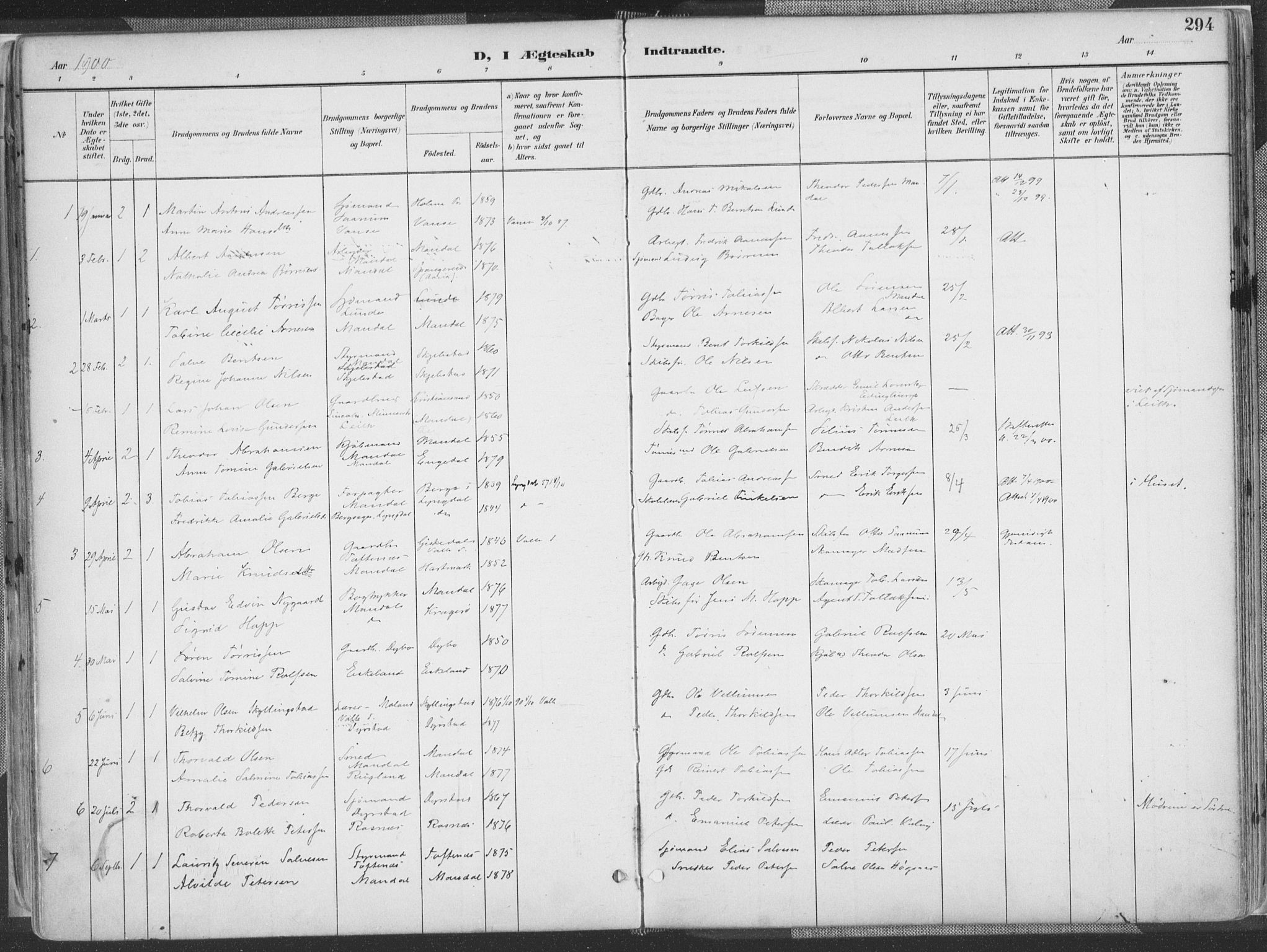 Mandal sokneprestkontor, AV/SAK-1111-0030/F/Fa/Faa/L0018: Parish register (official) no. A 18, 1890-1905, p. 294