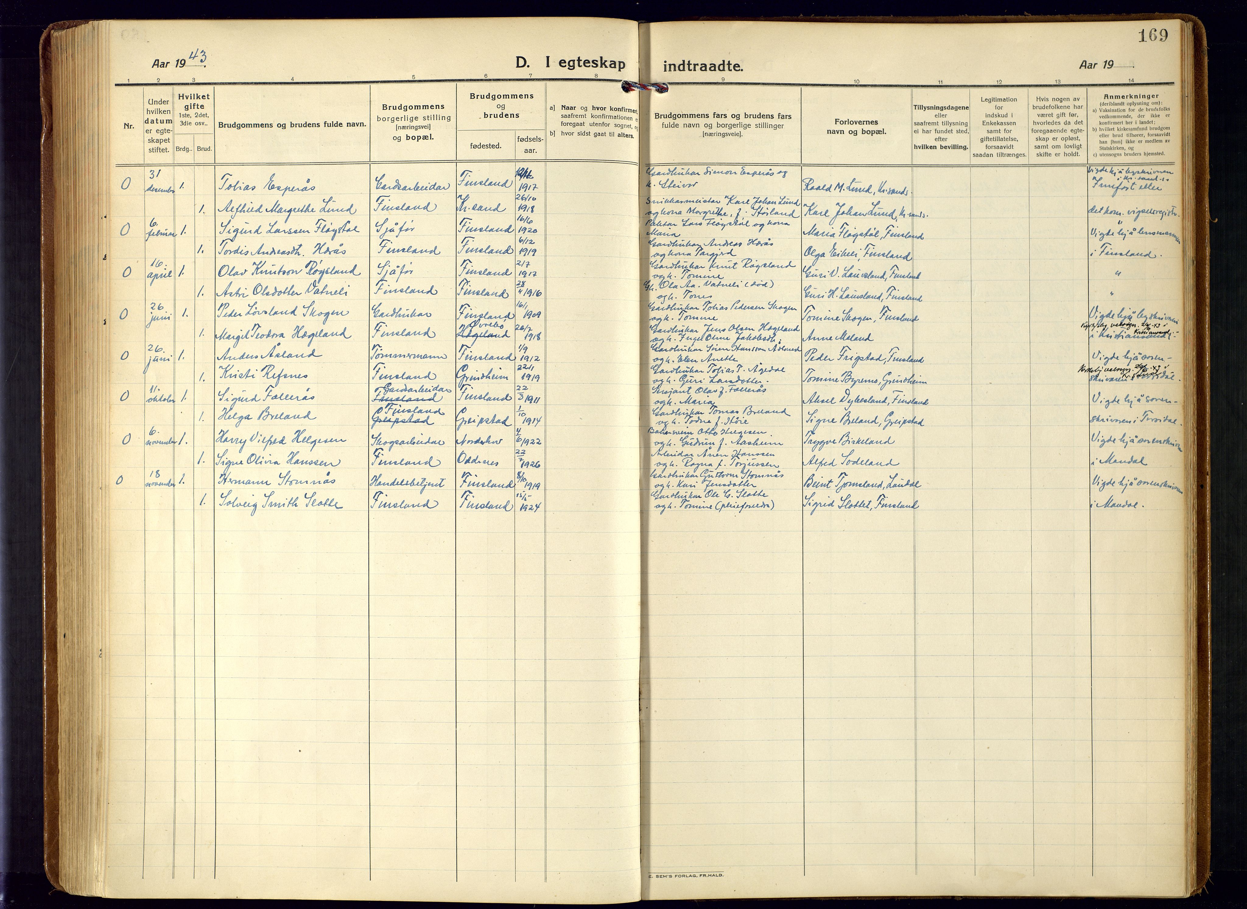 Bjelland sokneprestkontor, SAK/1111-0005/F/Fa/Fab/L0005: Parish register (official) no. A 5, 1921-1951, p. 169