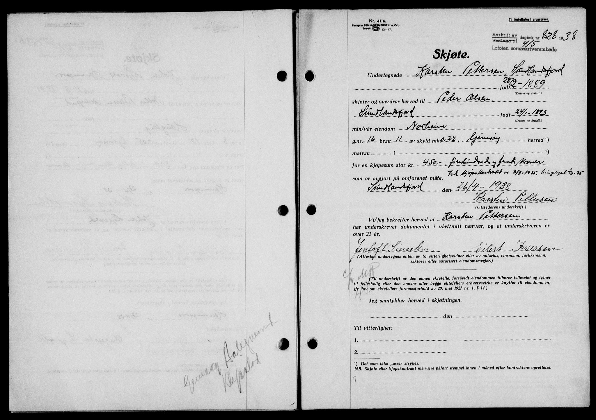 Lofoten sorenskriveri, SAT/A-0017/1/2/2C/L0004a: Mortgage book no. 4a, 1938-1938, Diary no: : 828/1938