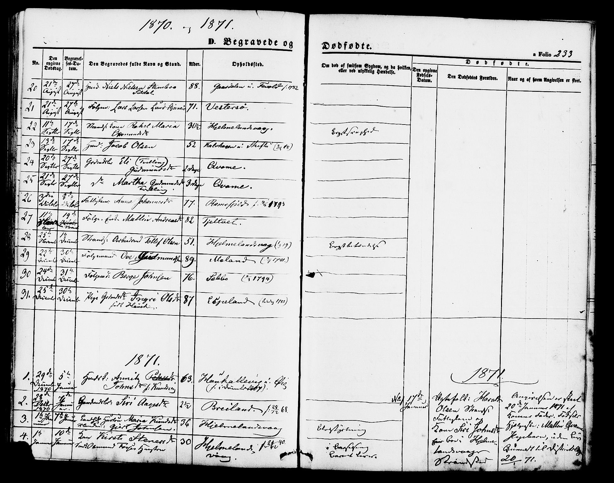 Hjelmeland sokneprestkontor, AV/SAST-A-101843/01/IV/L0011: Parish register (official) no. A 11, 1861-1878, p. 233