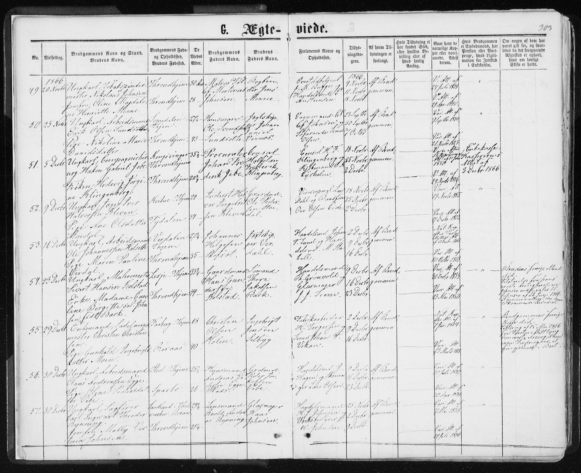Ministerialprotokoller, klokkerbøker og fødselsregistre - Sør-Trøndelag, SAT/A-1456/601/L0055: Parish register (official) no. 601A23, 1866-1877, p. 303