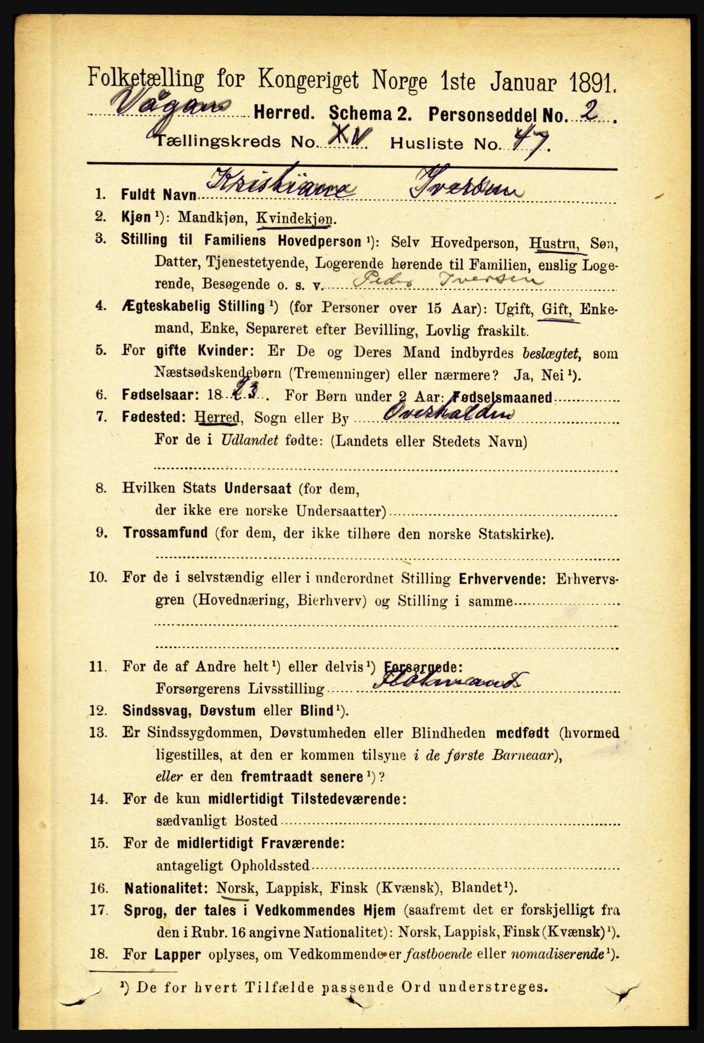 RA, 1891 census for 1865 Vågan, 1891, p. 4489