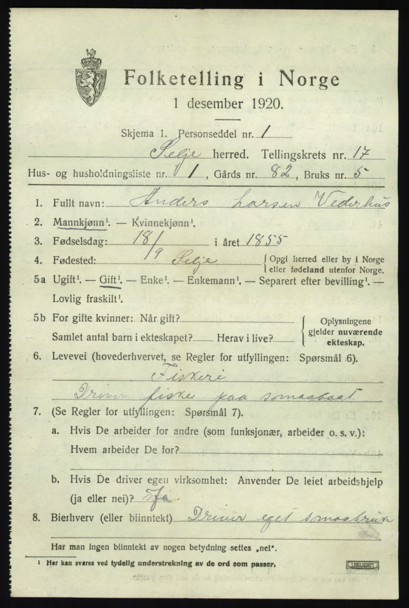SAB, 1920 census for Selje, 1920, p. 7515