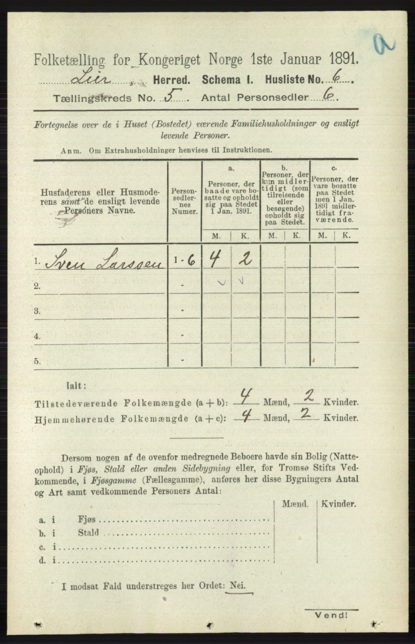 RA, 1891 census for 0626 Lier, 1891, p. 3220